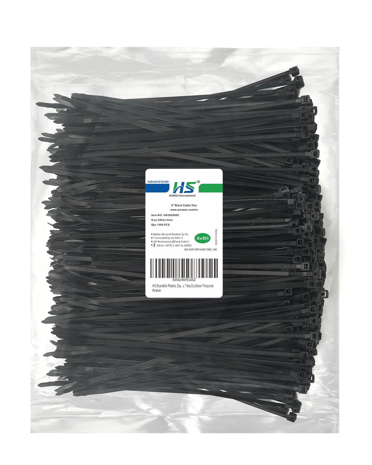 HS Durable Plastic Zip Ties 8 Inch (Bulk-1000 Pack) UV Rated Black Cable Ties…