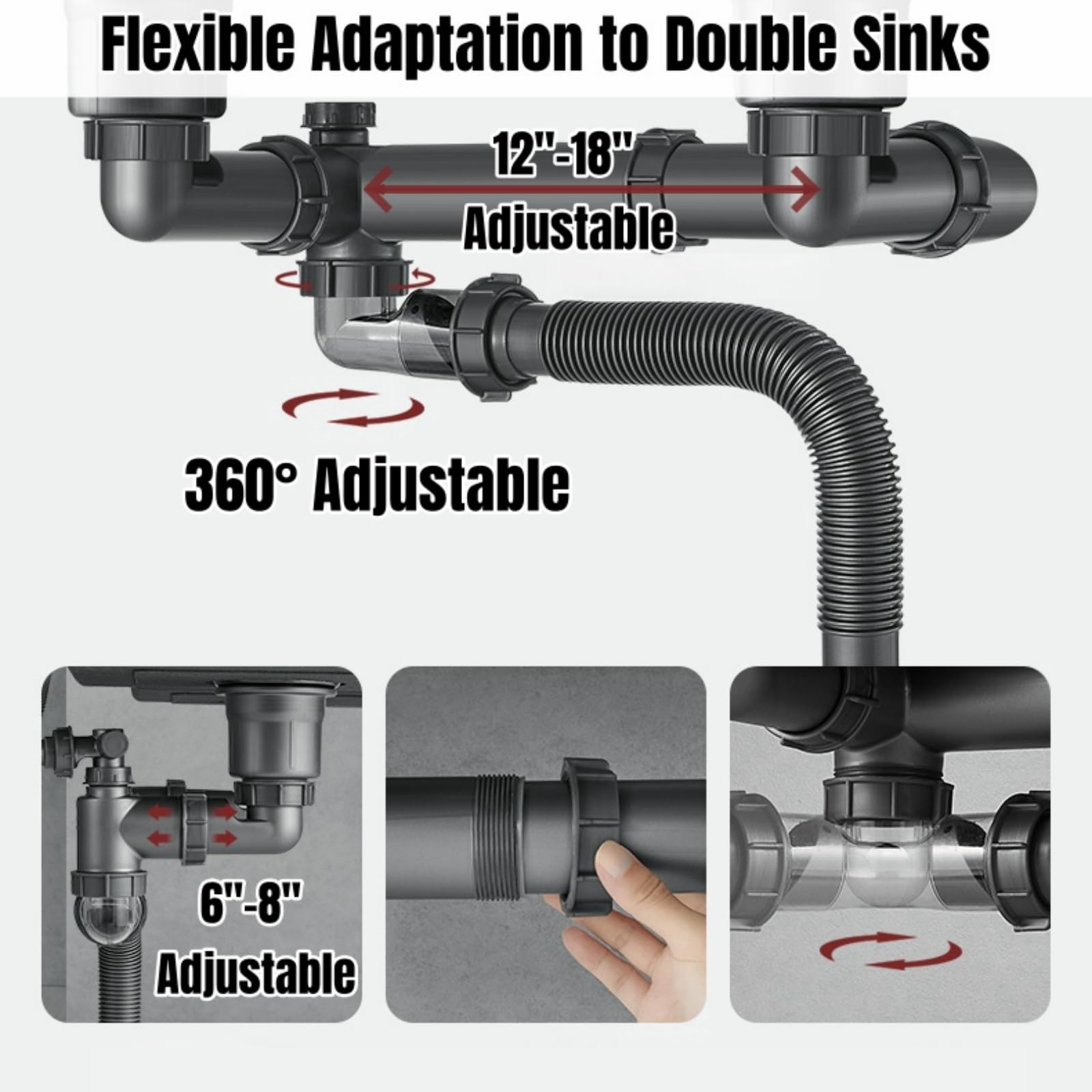 Expandable Flexible 1 1/2″ or 1 1/4″ Pipe kit for Double 1.5 inches, Gray