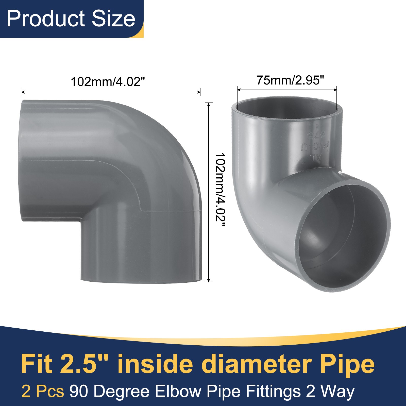 2 Pcs 2.5 Inch 90 Degree Elbow Pipe Fittings 2 Way, Grey