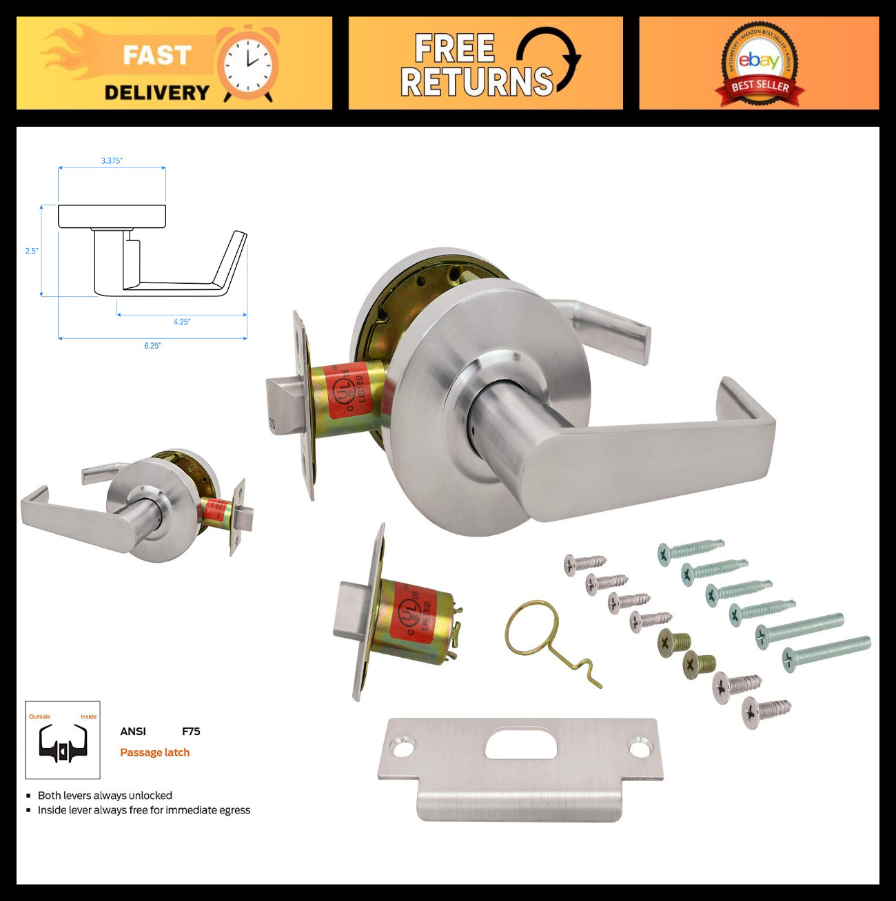 Commercial Grade 2 Cylindrical Lever Lockset, ADA Compliant, UL Rated, Satin Chr