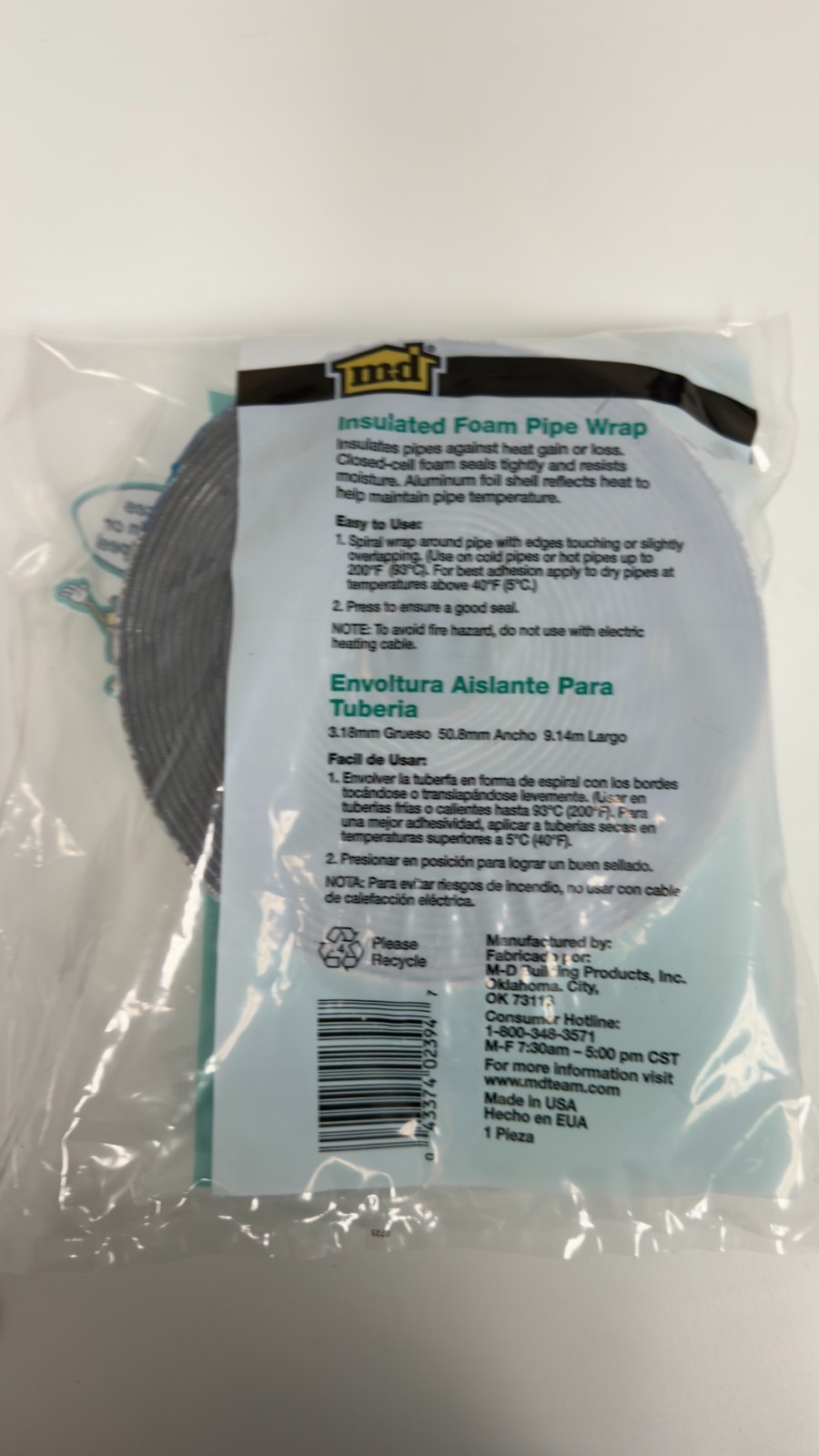 M-D Building Products Insulated Foam Pipe Wrap 1/8” x 2” x 30’ Self-Adhesive