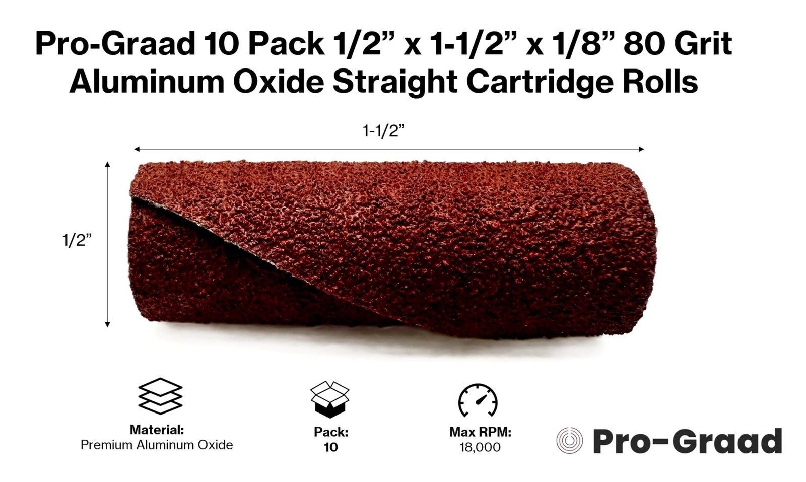Pro-Graad 1/2” Diameter x 1-1/2” Length x 1/8” Pilot Hole 80 Grit Aluminum Oxid
