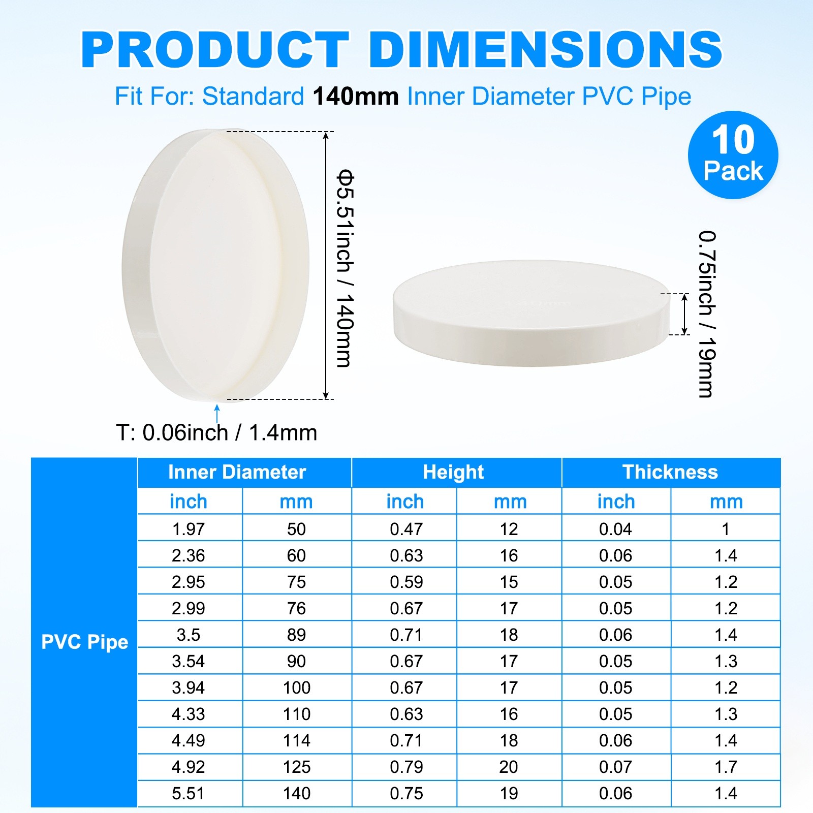 10-Pack PVC Pipe End Cap Plug, 5.5 Inch PVC Plug Coupling Pipe Fitting Socket