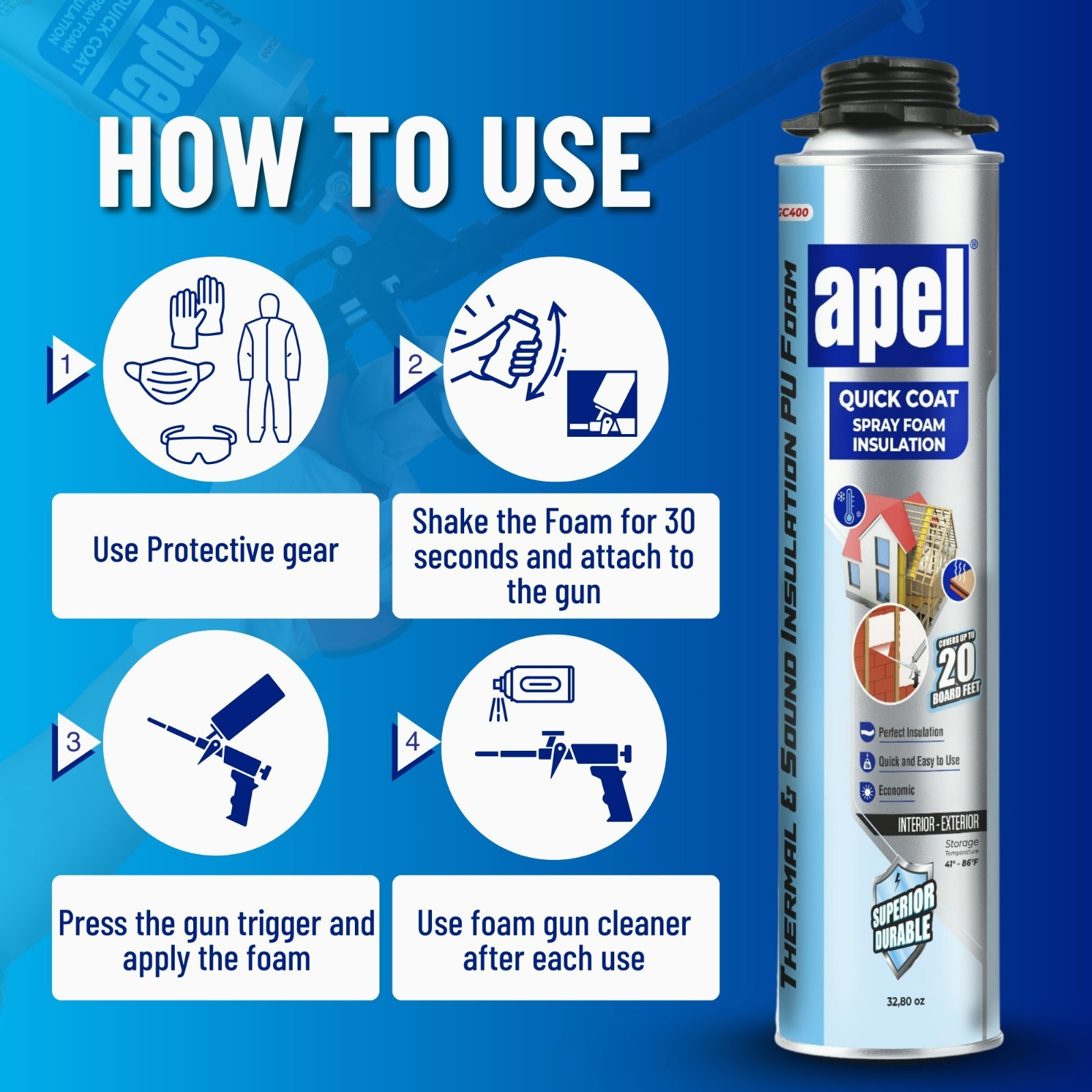 apel Spray Foam Insulation Kit (6 x 32.80 oz./120 Bd ft) Heat and Acoustic Insul