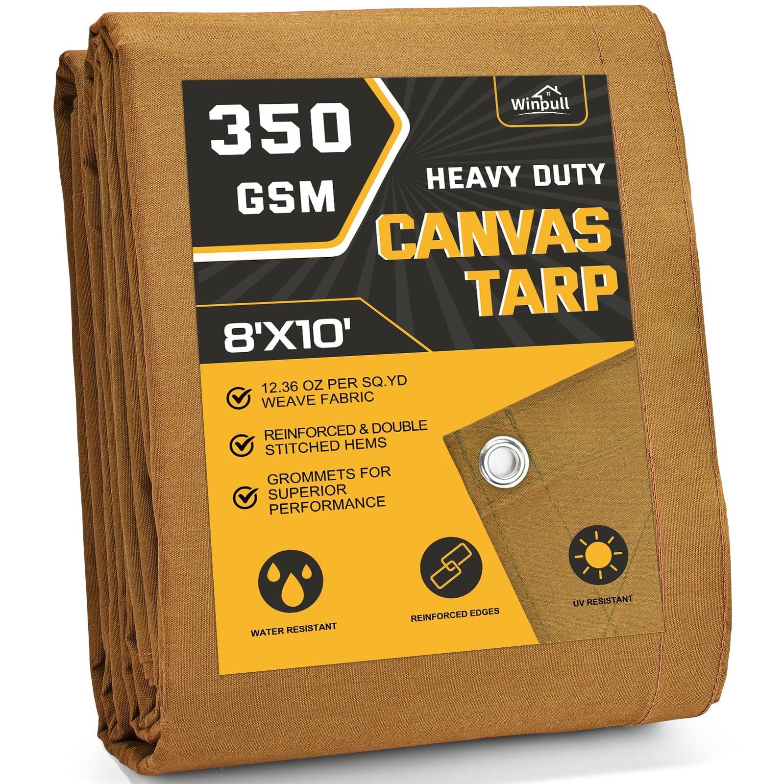 Winpull Heavy Duty Canvas Tarp 8×10 ft, 12oz (350 GSM) Polyester Canvas Water…