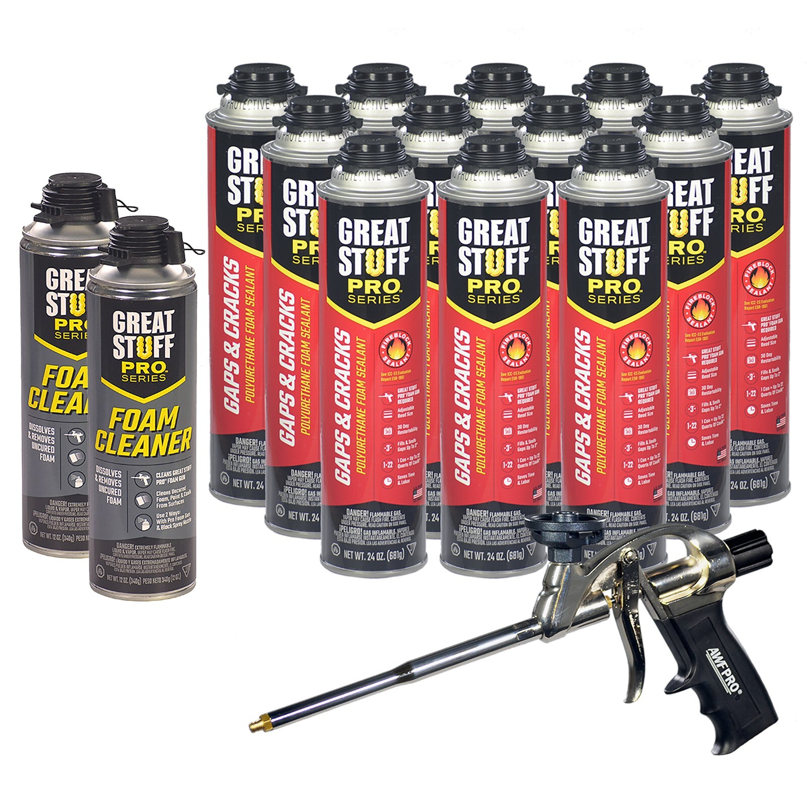 Great Stuff PRO Gaps and Cracks, 24oz, Case of 12, Foam Gun, 2 Cans Cleaner