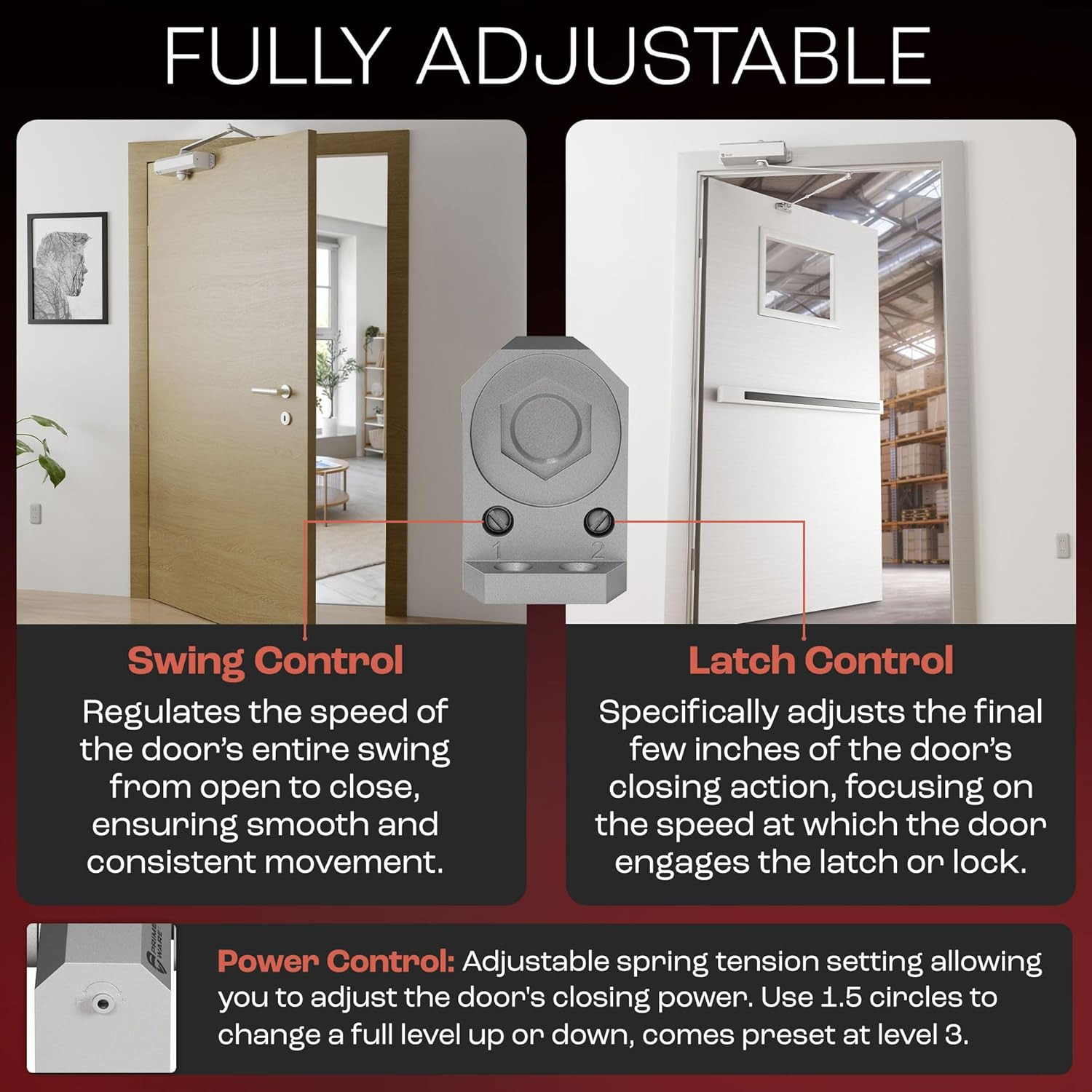 DC-600 Adjustable Hydraulic Door Closer | Soft Close for 30-300 Lbs Doors