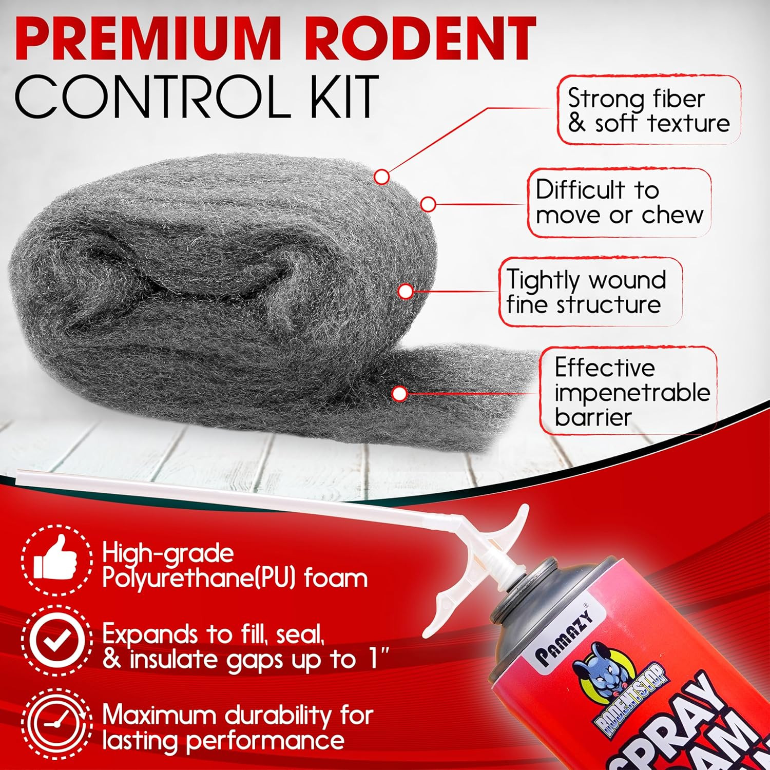 Rodent Barrier Kit, 3PCS Steel Wool+Pu Spray Foam Hole Filler Mice Control | 3.2