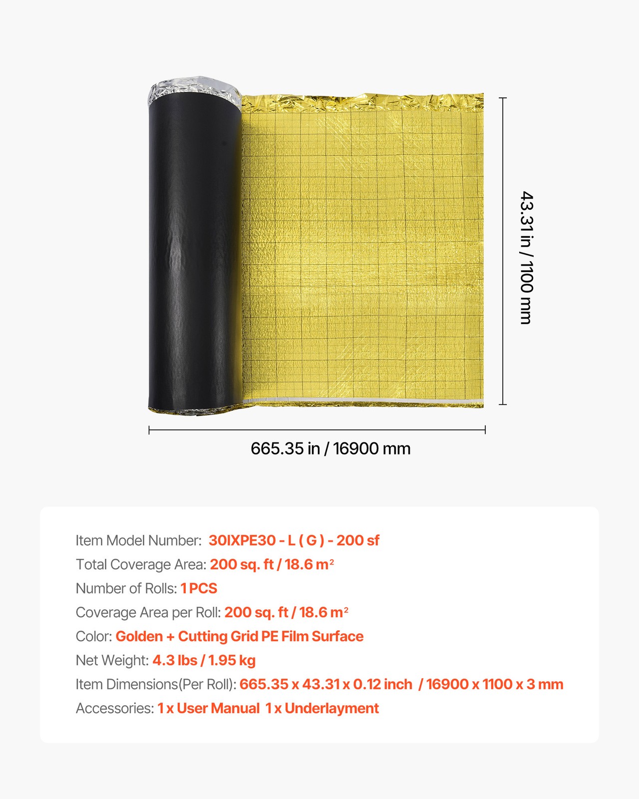VEVOR Floor Underlayment 200 sq ft Roll 3mm Vapor Barrier Soundproofing Gold