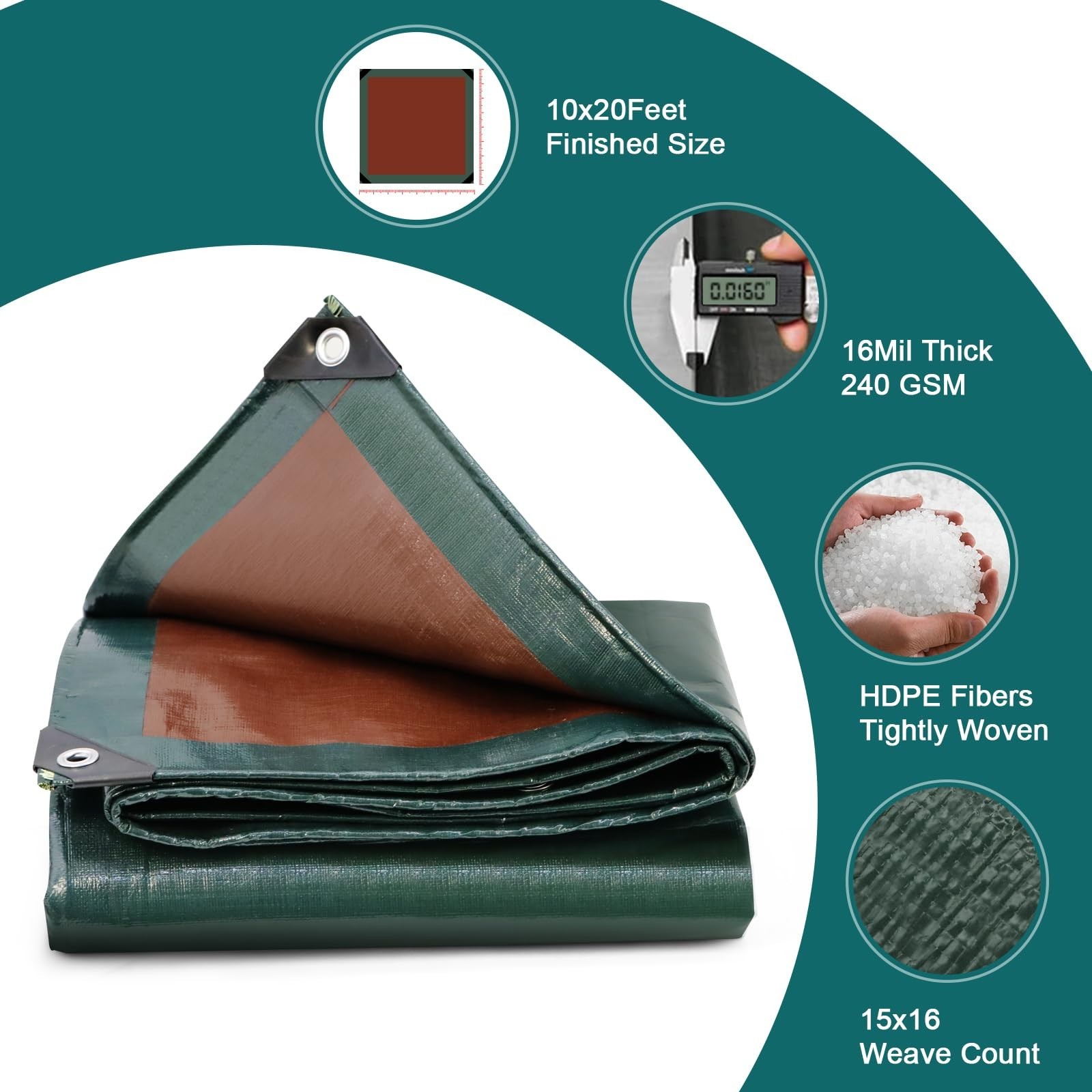 16Mil Finished Size Tarp 10×20 Heavy Duty Waterproof, Large Outdoor Multipurp…
