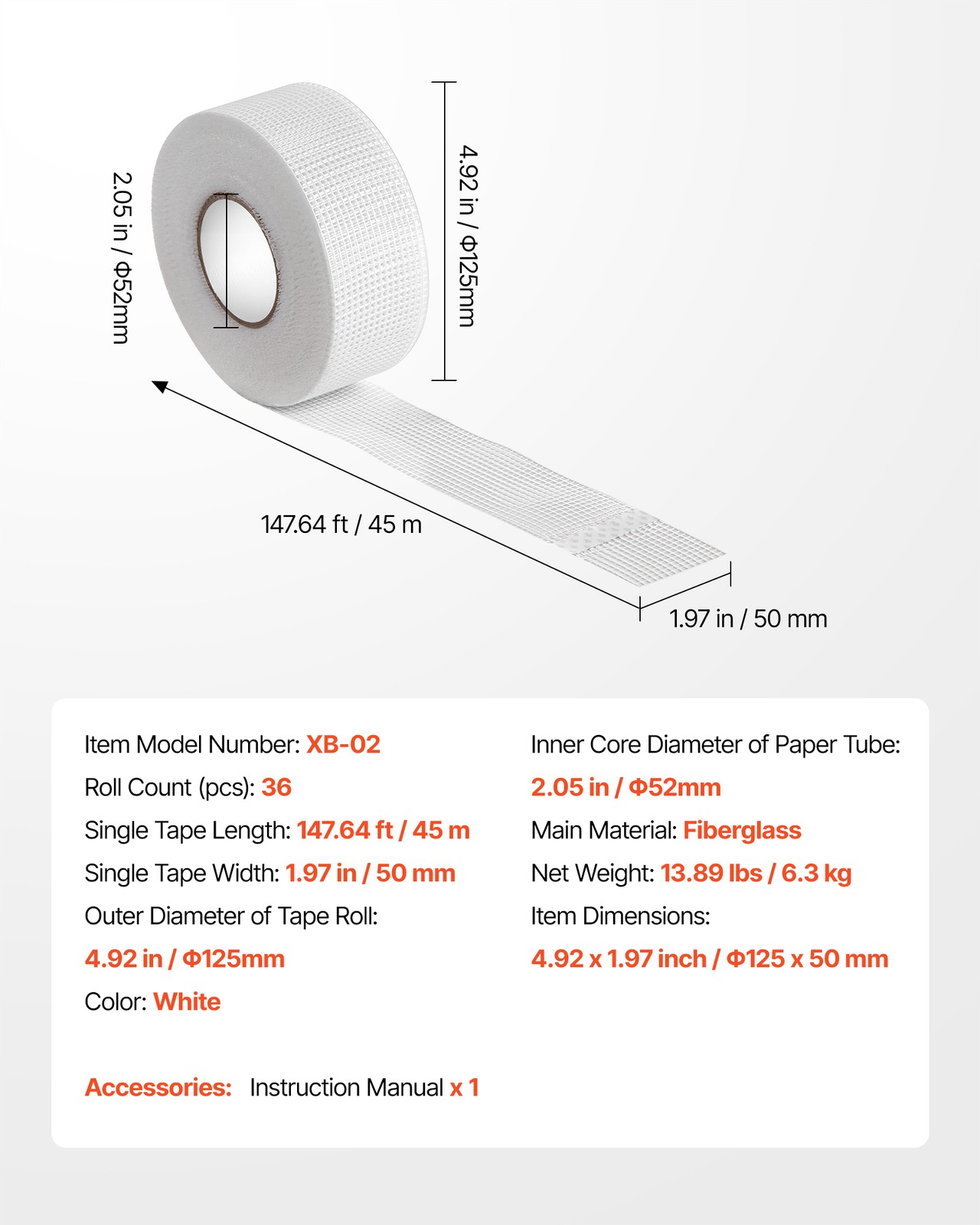 VEVOR 36Pcs 147.64ft x 1.97″ Fiberglass Mesh Tape Adhesive Drywall Covering Tool