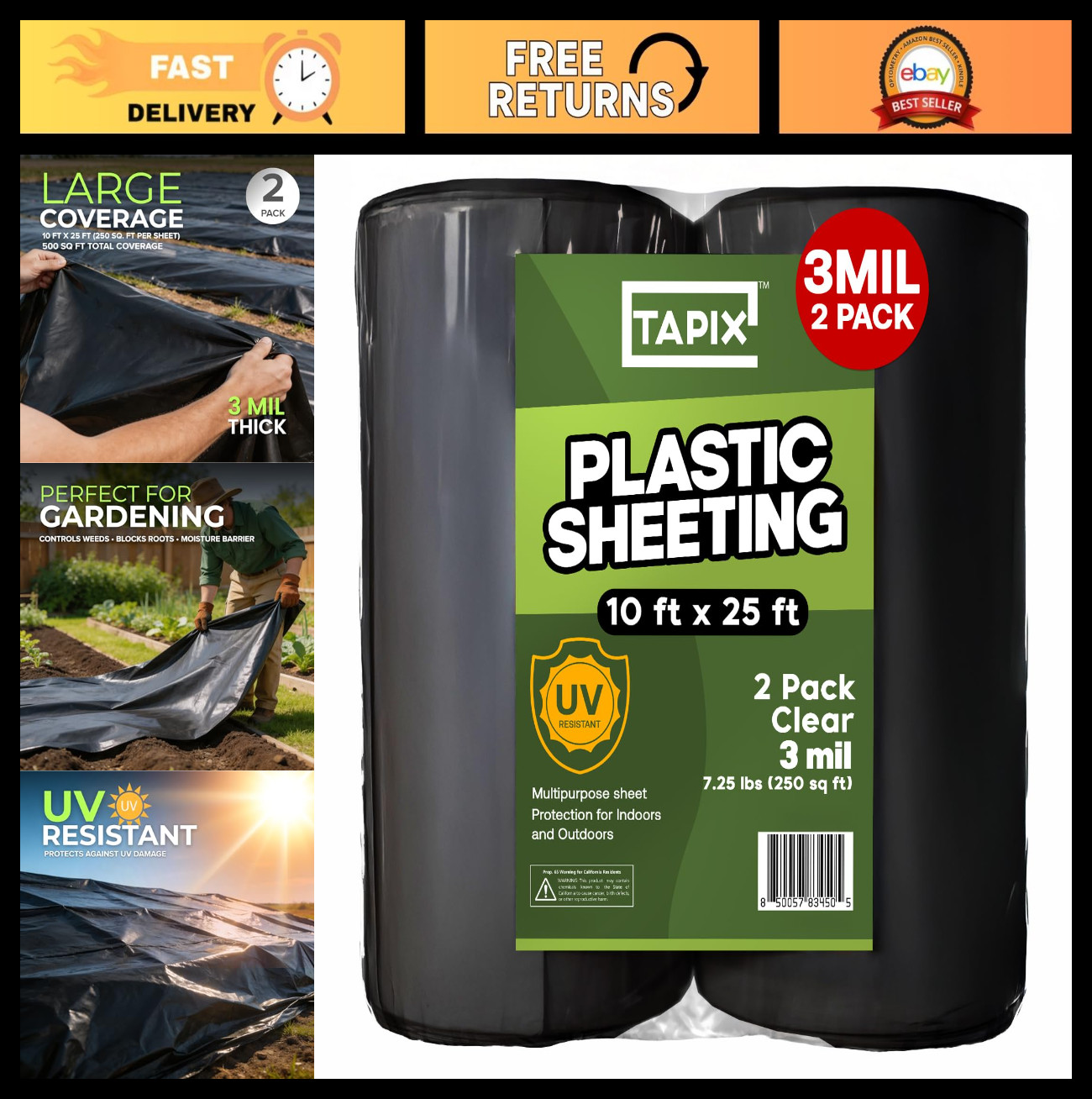 Heavy Duty Black Plastic Sheeting 10′ x 25′ – 3 Mil UV Protection Poly Film (2 P