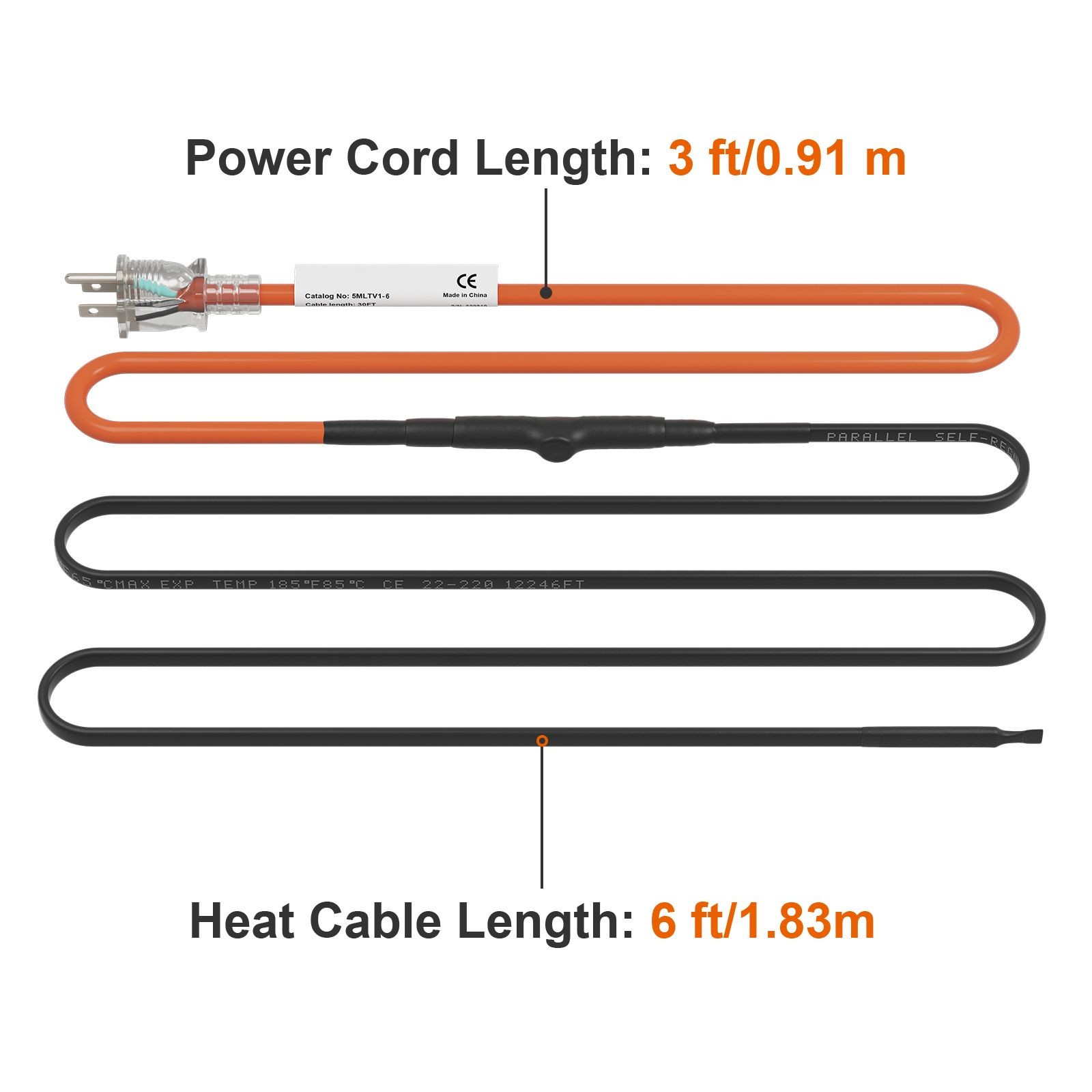 6 – Foot Self – Regulating Pipe Heating Cable, 5W/ ft, 120V Freeze Protection