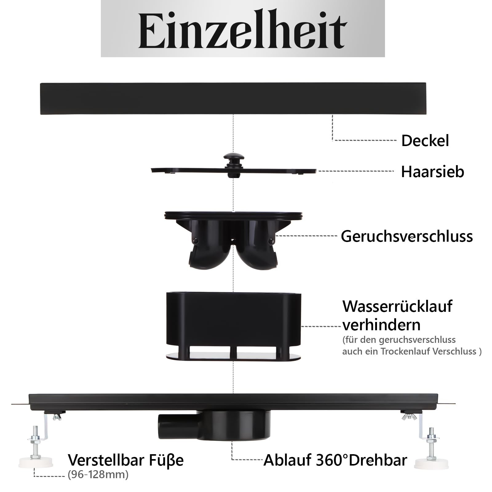 Shower Channel 70 cm Complete Set Black, Stainless Steel Drain Channel, Extra Flat Bef…