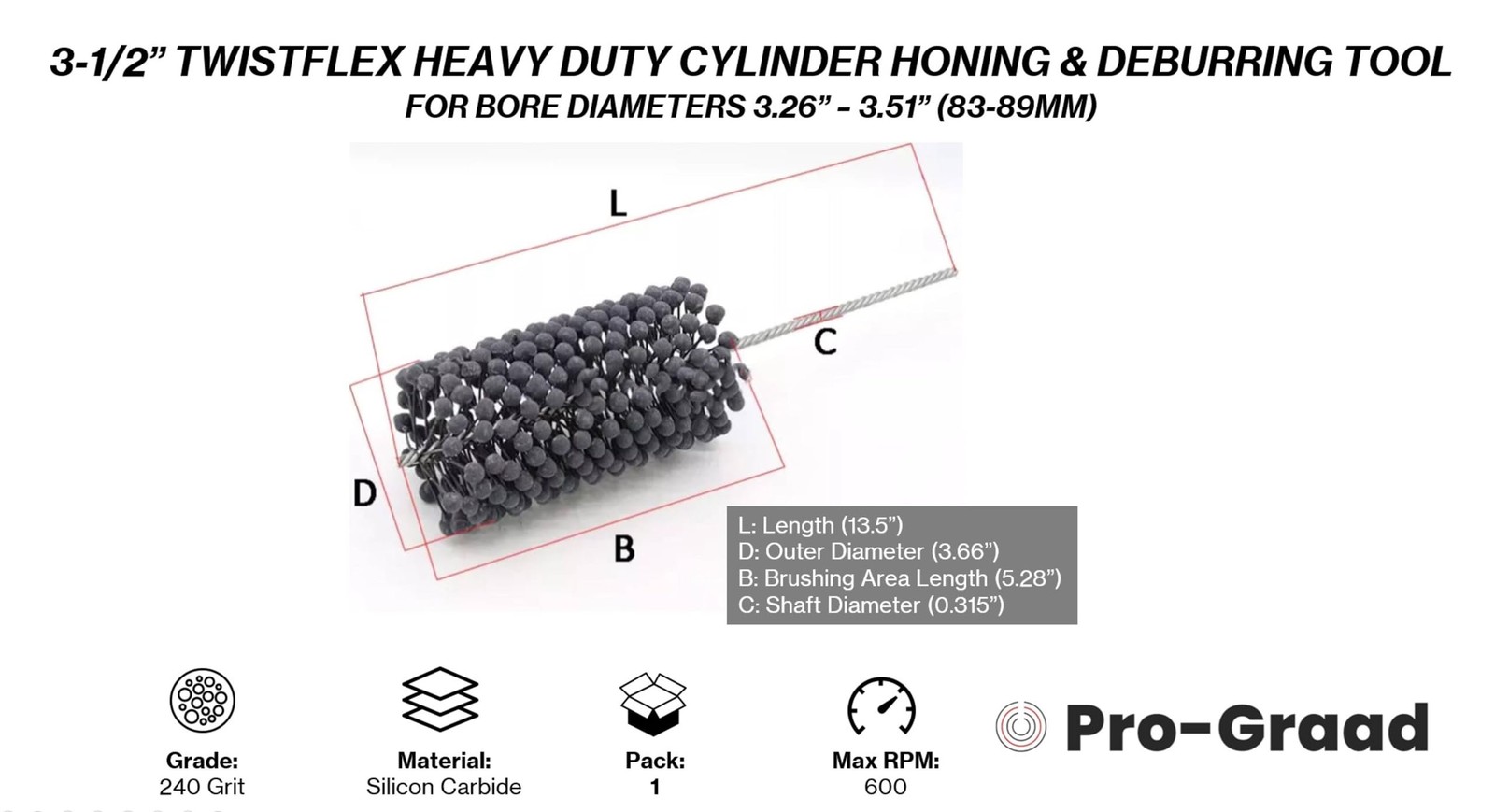 Pro-Graad TwistFlex Heavy Duty Cylinder Hone, 3-1/2″ 240SC Flexible Cylinder…