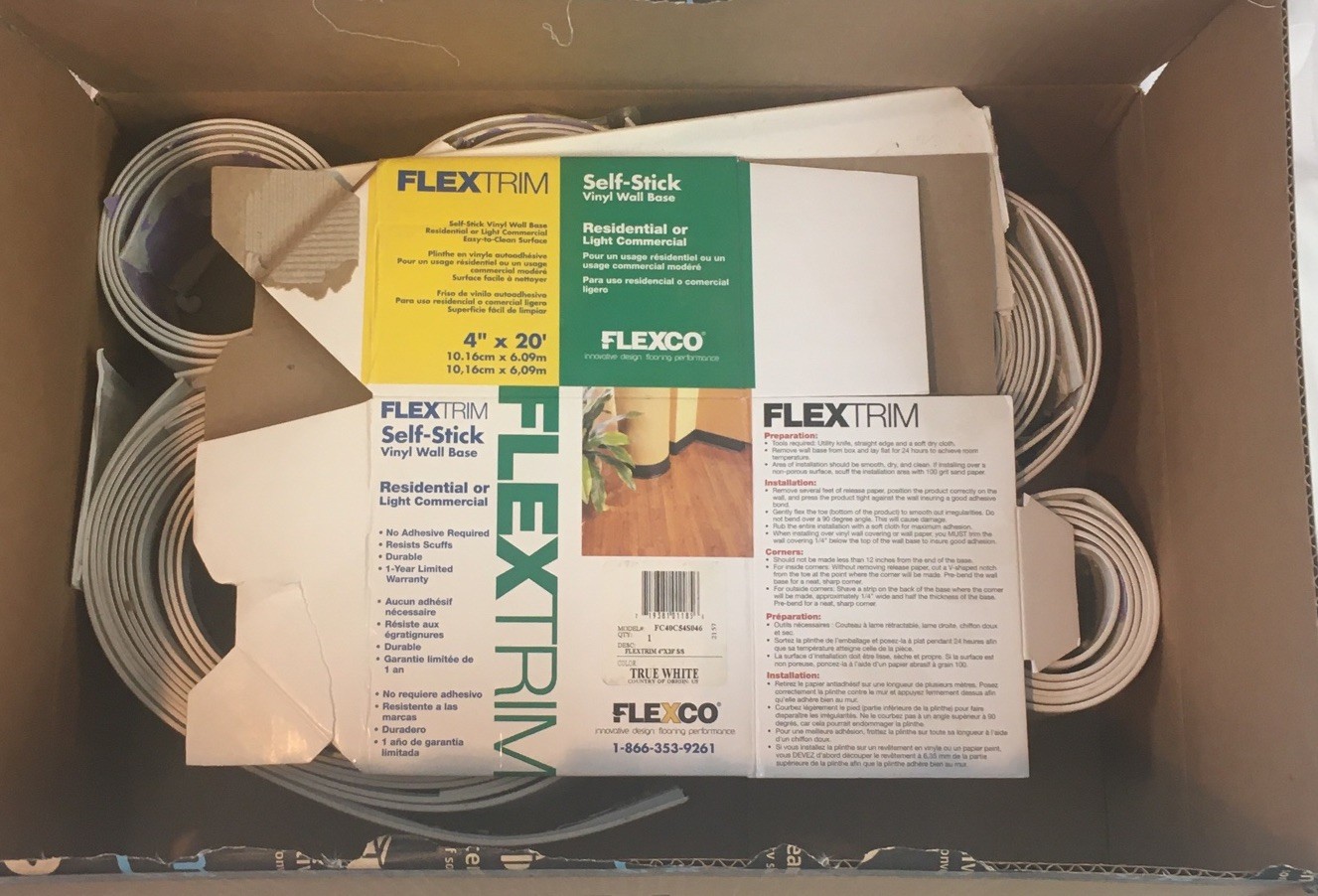 Flexco FLEXTRIM Vinyl Wall Base Trim 4 in x 20 ft True White Model FC40C54S046