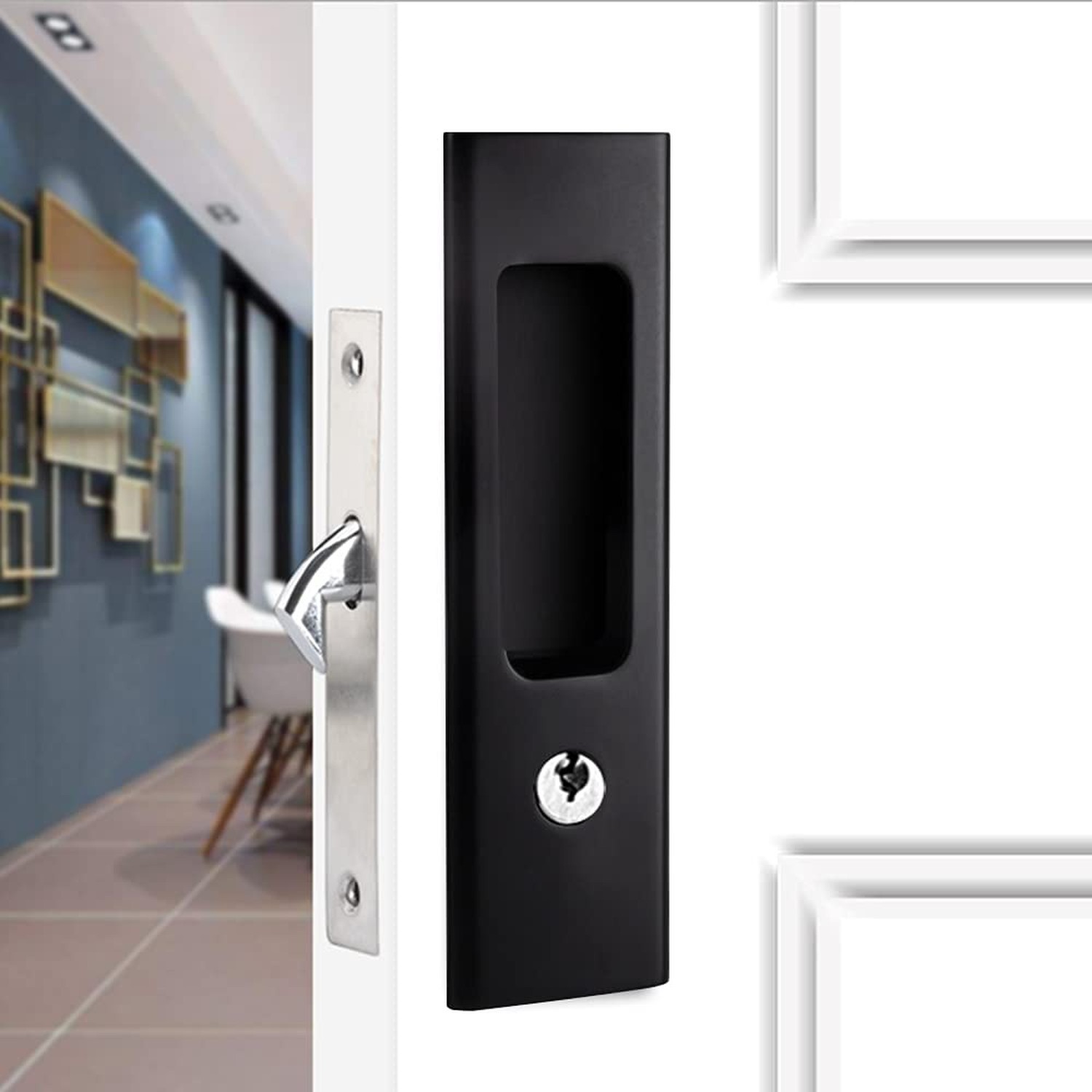 LWZH 6.3″ Matte Black Privacy Pocket Door Lock Hardware, Invisible Recessed H…