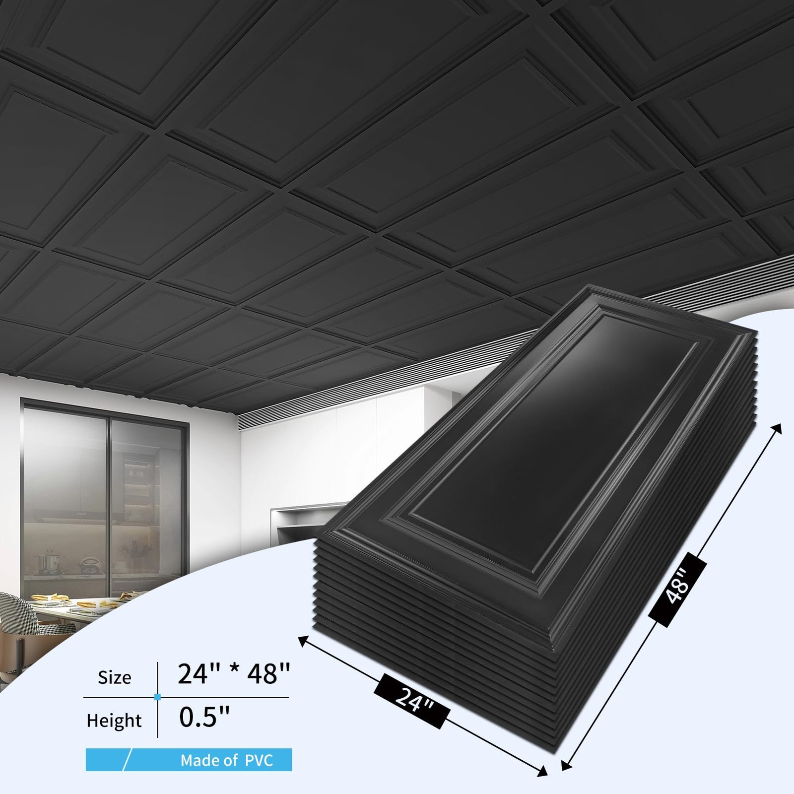 Art3d 12-Pack Drop Ceiling Tiles 2×4 Ft, PVC 24×48 inch, Smooth Black