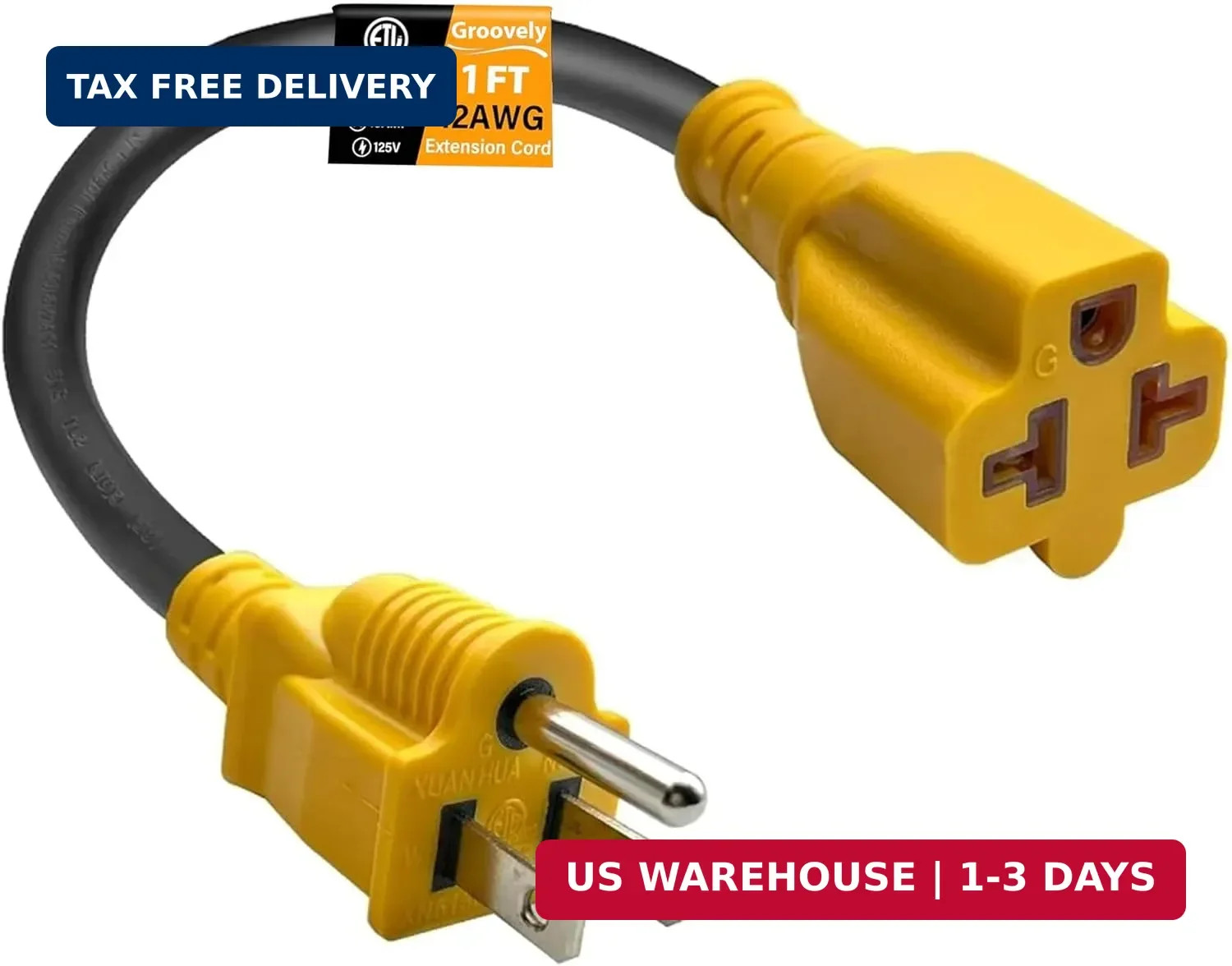 Groovely 1Ft 12AWG 15 Amp Household AC Plug to 20 Amp T Blade Adapter Cable | NE