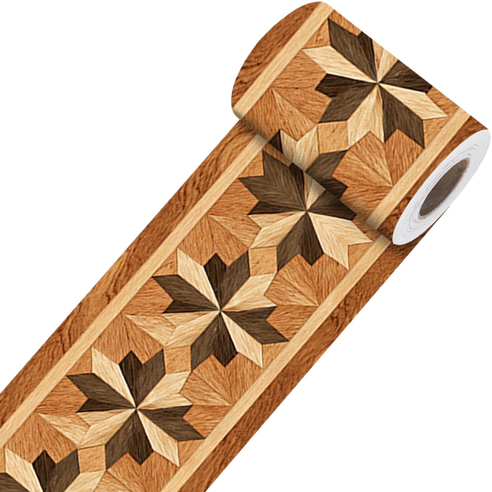 Nuxovilar Wooden Star Parquet Wallpaper Border Peel and Stick,PVC,3.94×16.4