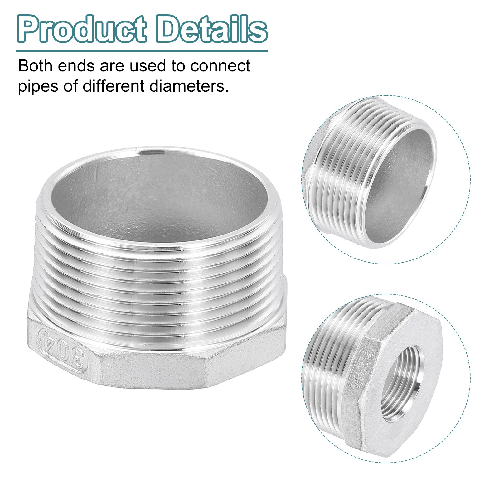 1Pcs 1-1/2″ Male to 3/4″ Female NPT 304 Stainless Steel Reducer Hex Bushing