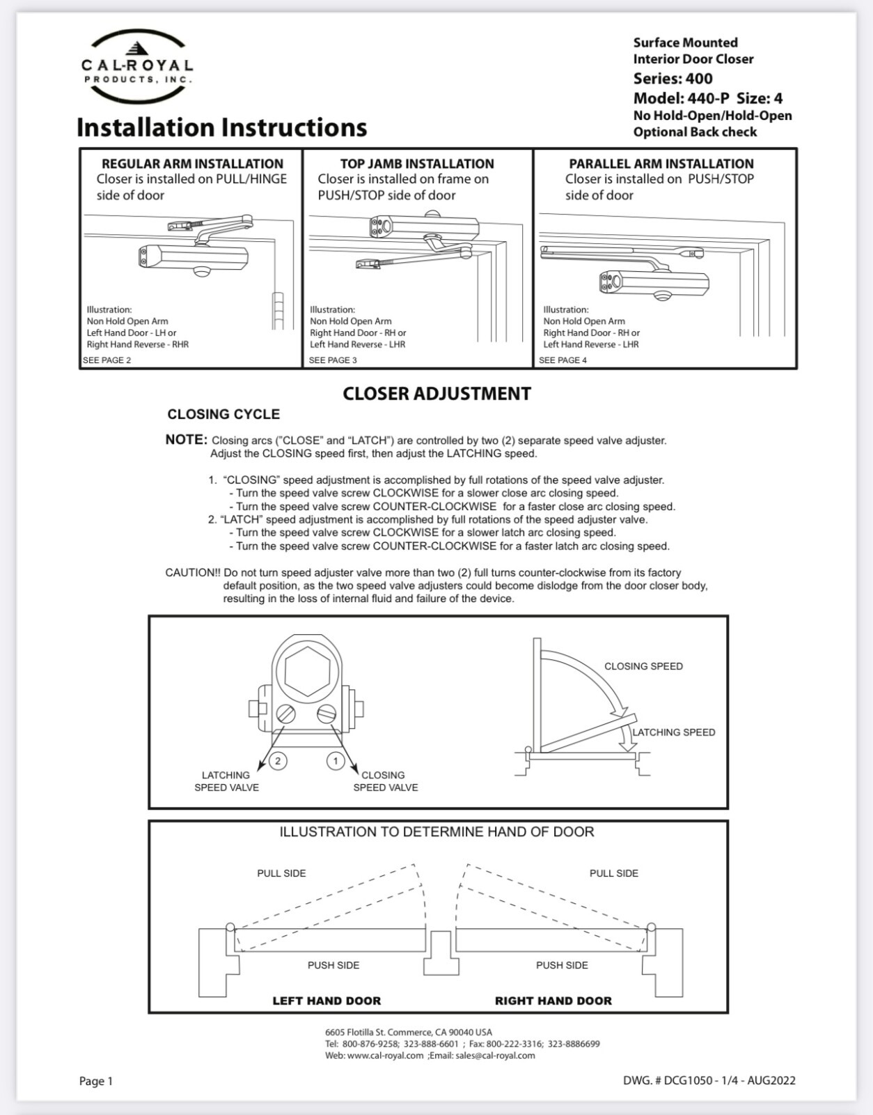 Cal-Royal 440-P Automatic Hydraulic Spring Fire Rated Auto Door Closer. 3 Colors