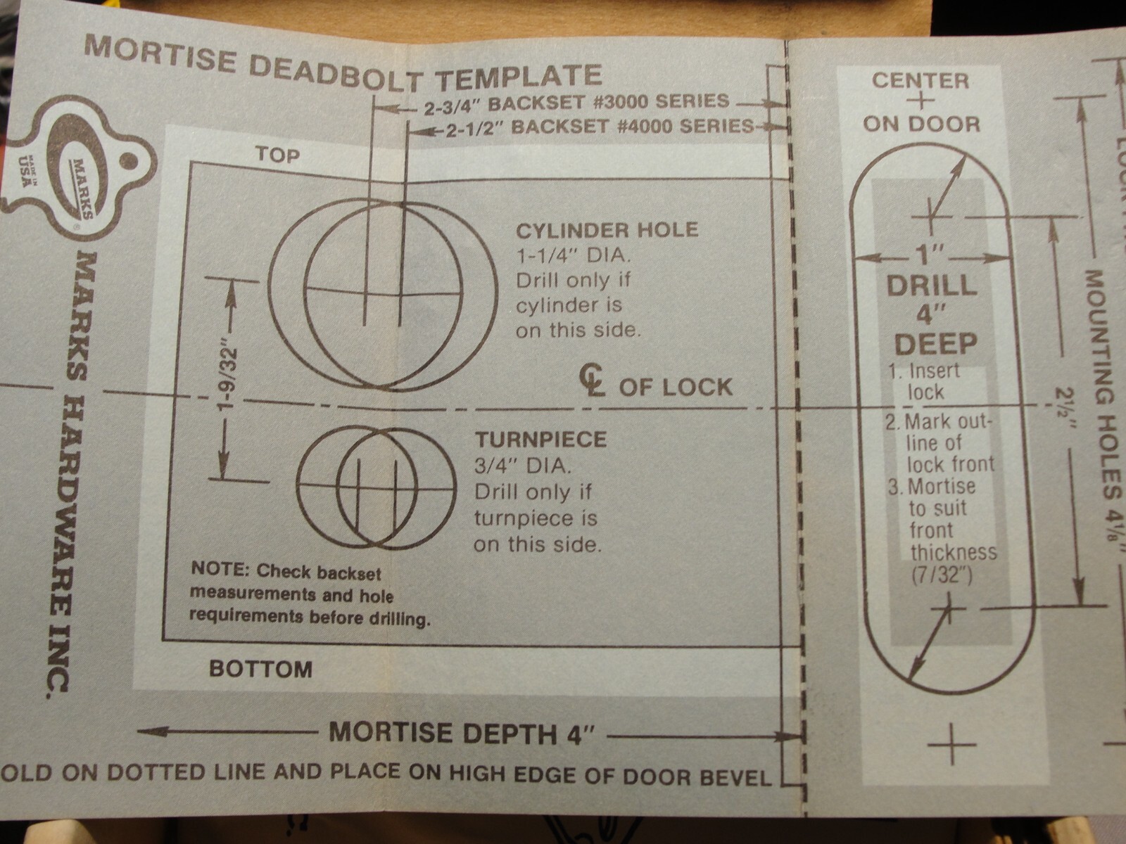 Marks 3/4″ Diameter Turnpiece Mortise Deadbolt 30 K/3 With Cylinder/ Keys L#3624