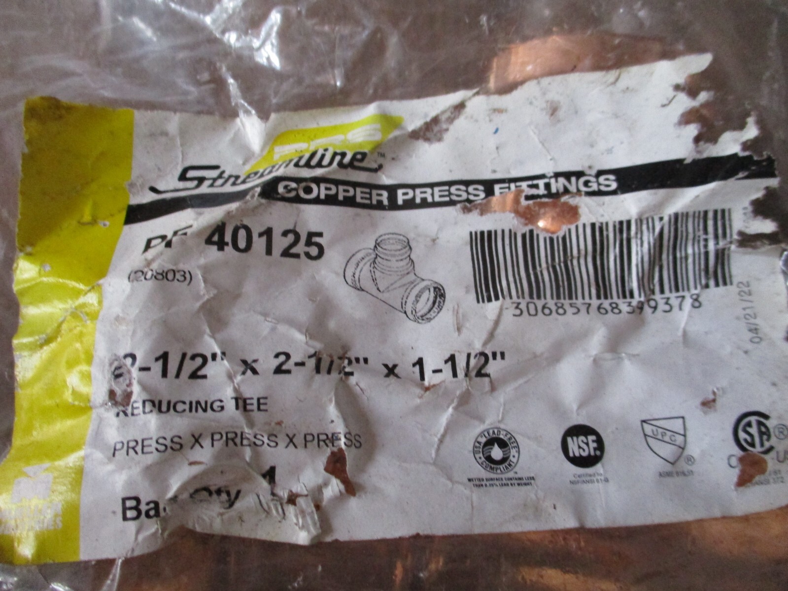 NEW STREAMLINE PF40125 Reducing Copper Tee Press Fitting (2-1/2″x2-1/2″x1-1/2″)