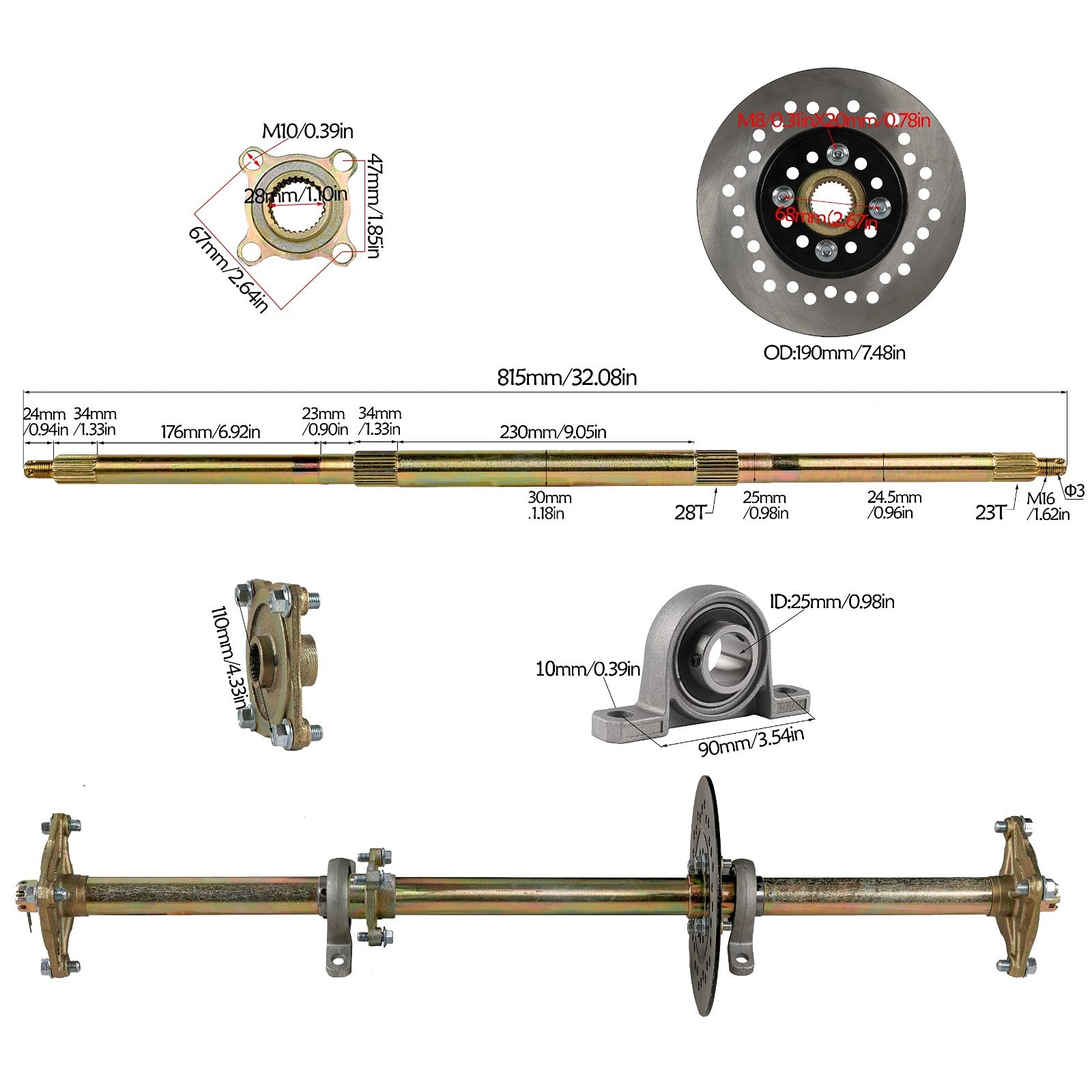 810mm 32″ Rear Axle Kit Sprocket 4 Stud Hub Steering Wheel for Go Kart ATV Quad