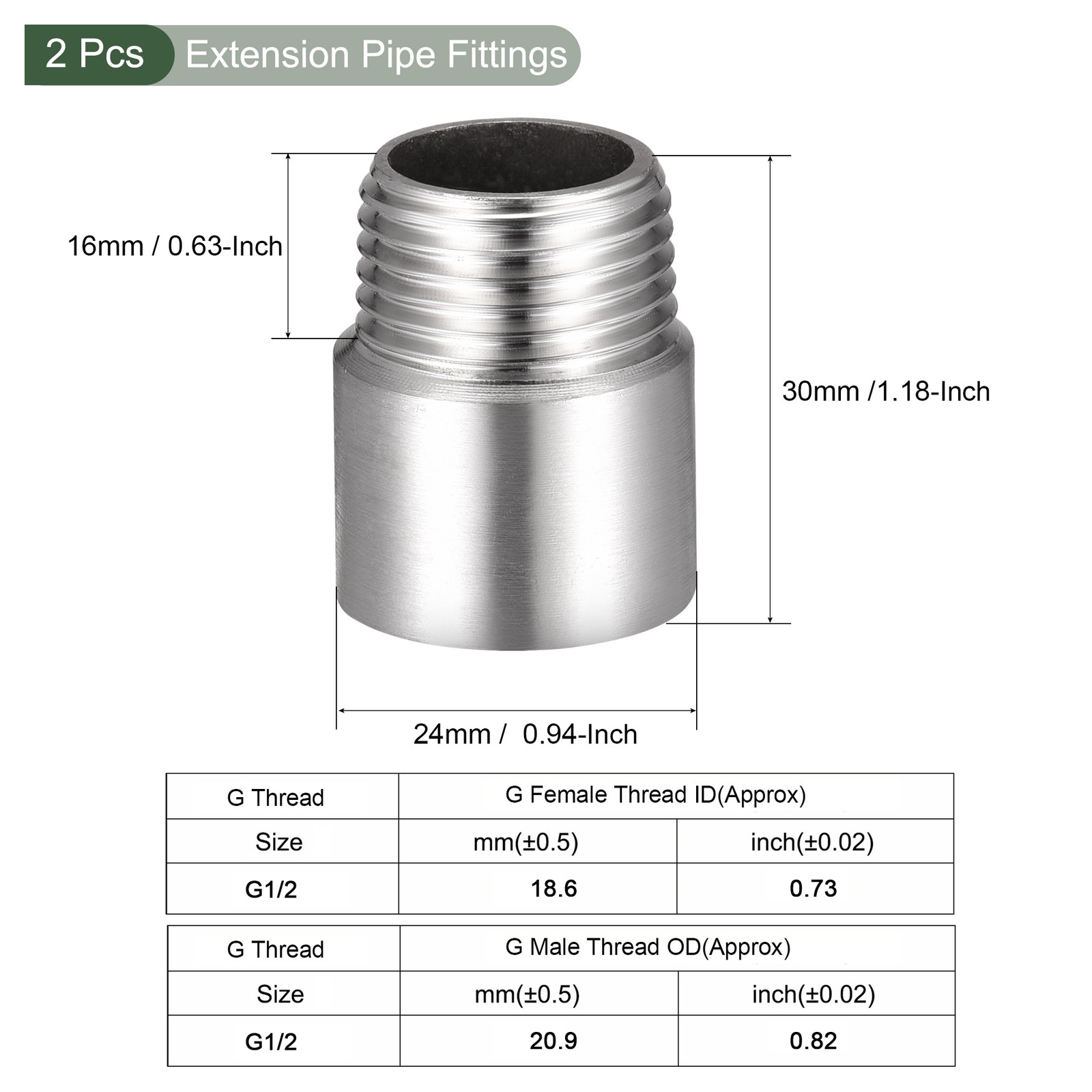2 Pcs Shower Head Extension Arm, 1/2PT Male to 1/2PT Female(Silver Tone, 30-mm)