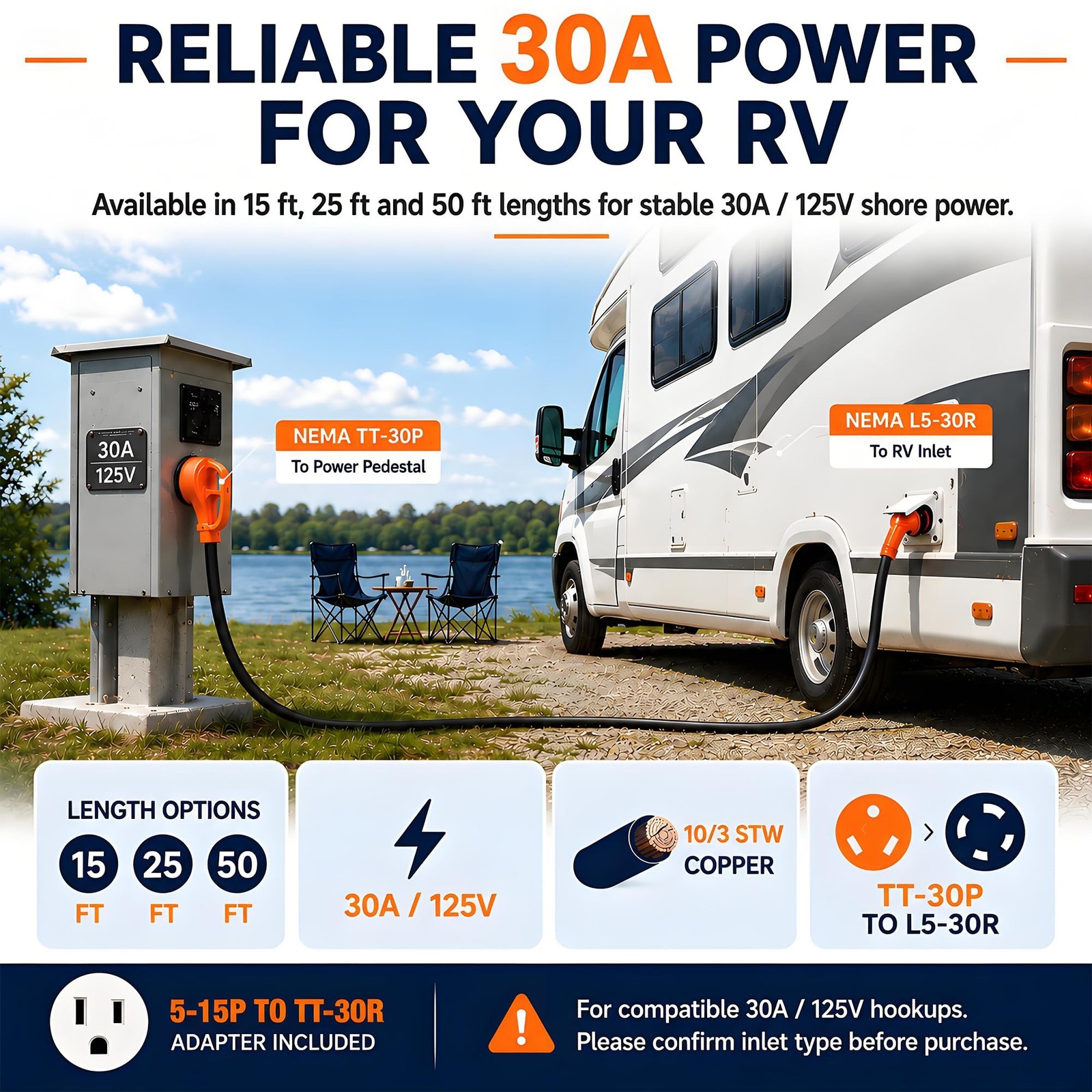 15 ft 30A RV Extension Cord, TT-30P to L5-30R, 10/3 STW | ETL Listed Outdoor …
