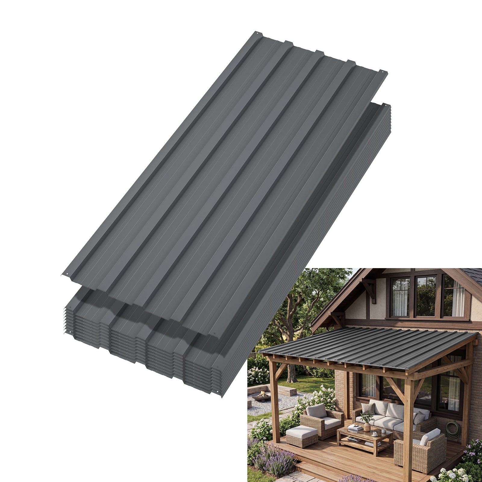 10Pcs Metal Roofing Panels 42.52 x17.72″ Waterproof Corrugated Metal Roof Panels