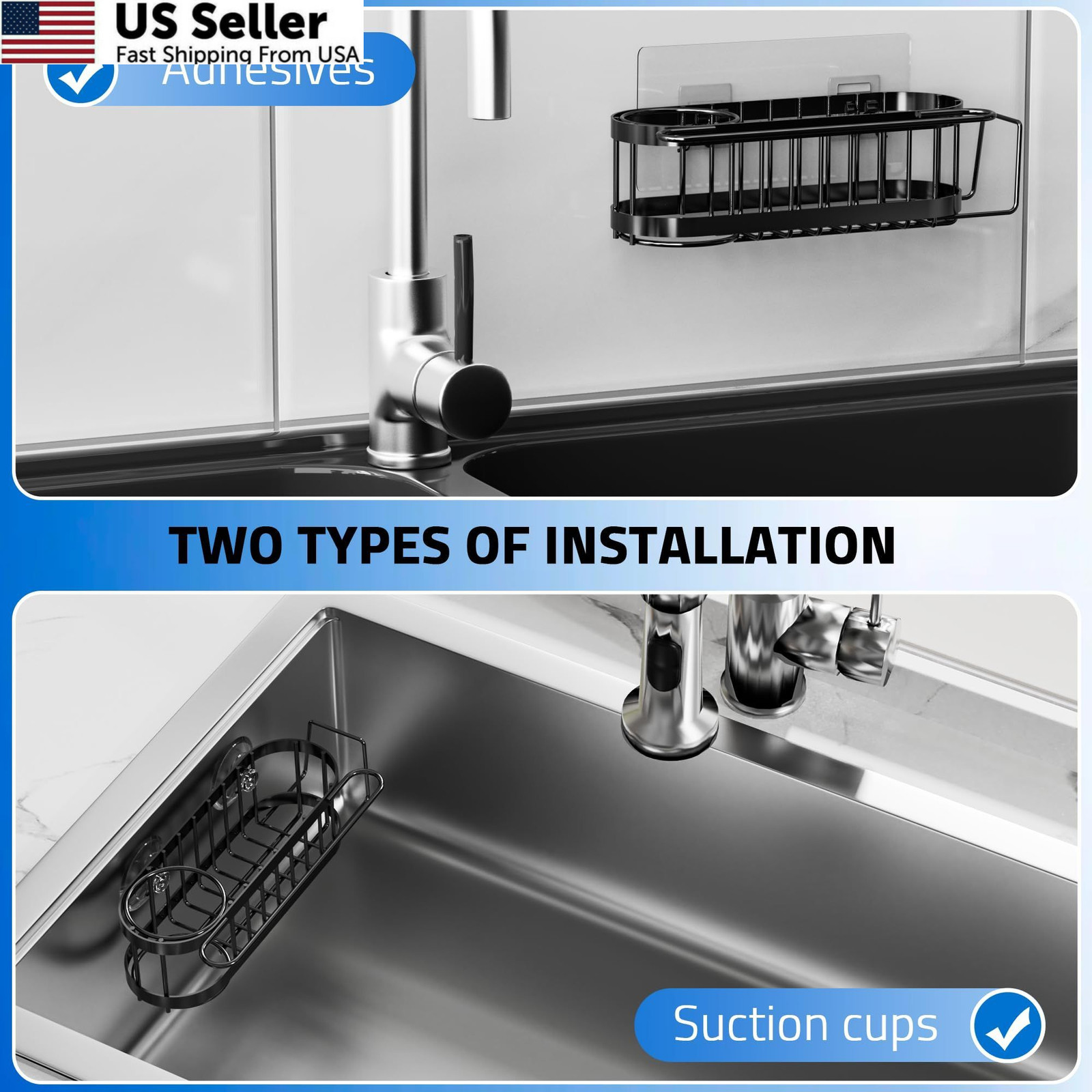 Cisily Kitchen Sink Caddy Sponge Holder in The Sink, 1, Suction cup-Black