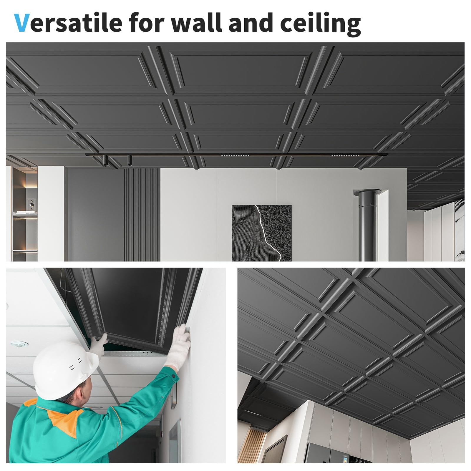 Art3d 12-Pack Drop Ceiling Tiles 2×4 Ft, PVC 24×48 inch, Smooth Black