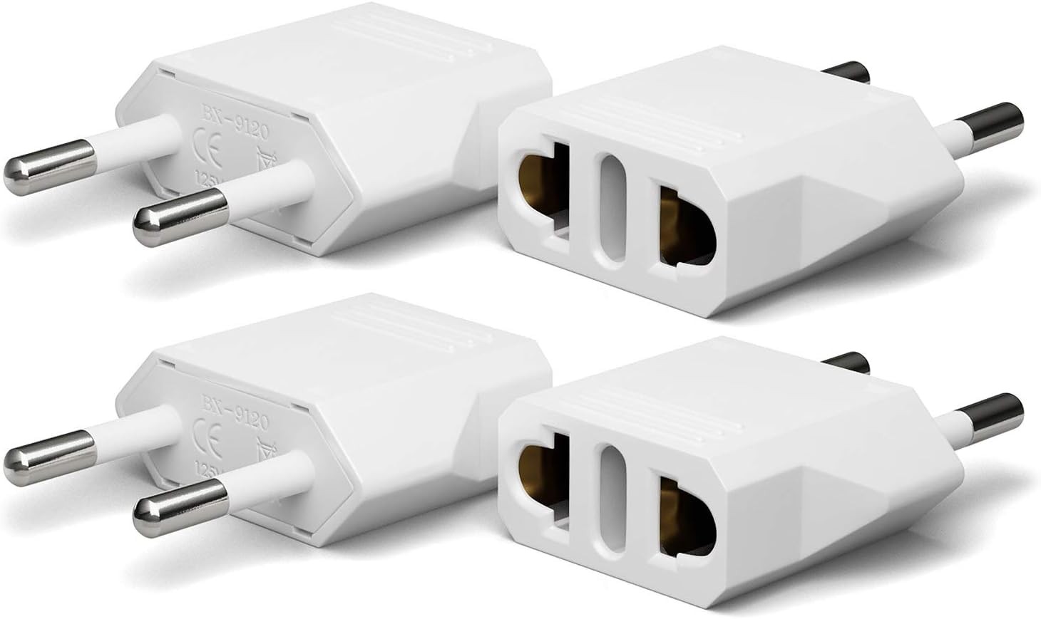 4 Pack European Travel Plug Adapter, Unidapt US to Europe of 4, 4 White