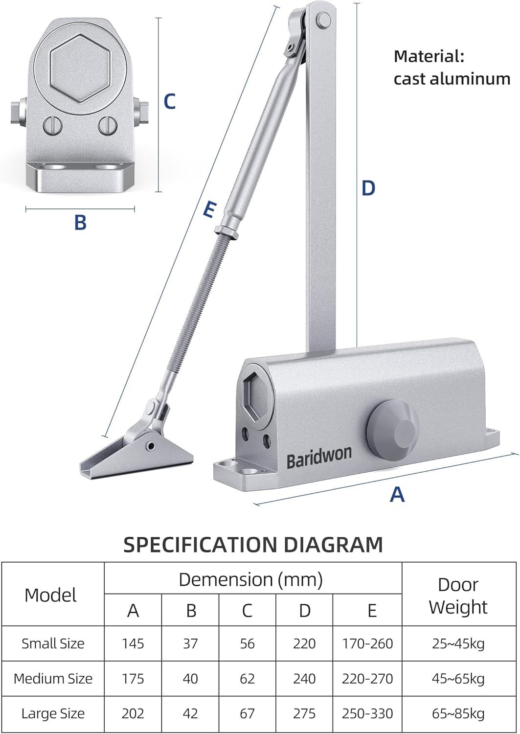 Commercial Grade Hydraulic Door Closer Large Size, Heavy Duty No Slam with Ho…