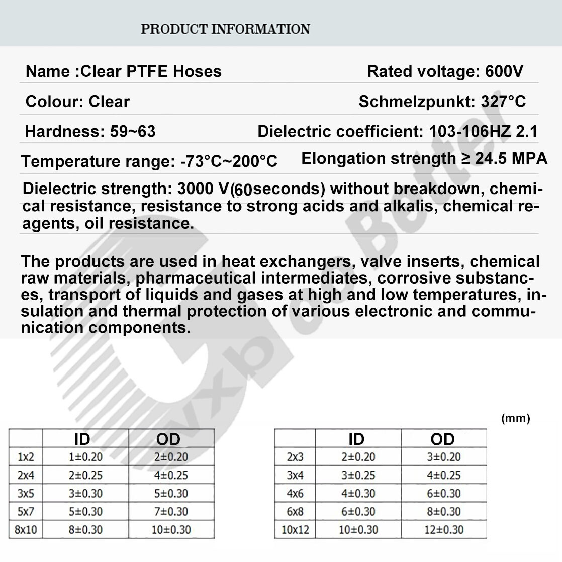 Clear PTFE Tubing ID=Φ1.0mm~Φ20.0mm PTFE Tubing Capillaries 600V PTFE Tubing