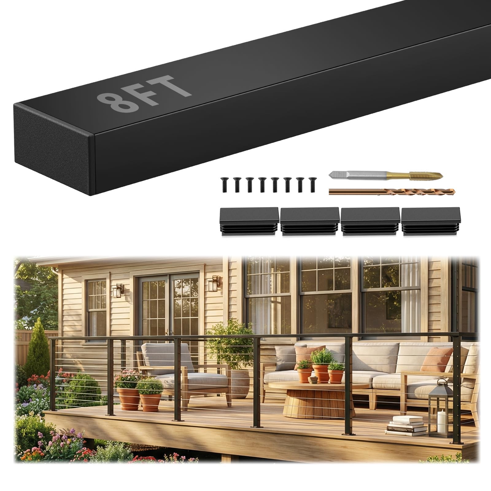 Gyykzz 8Ft Stainless Steel T304 Black Handrail Black Rectangular Cuttable