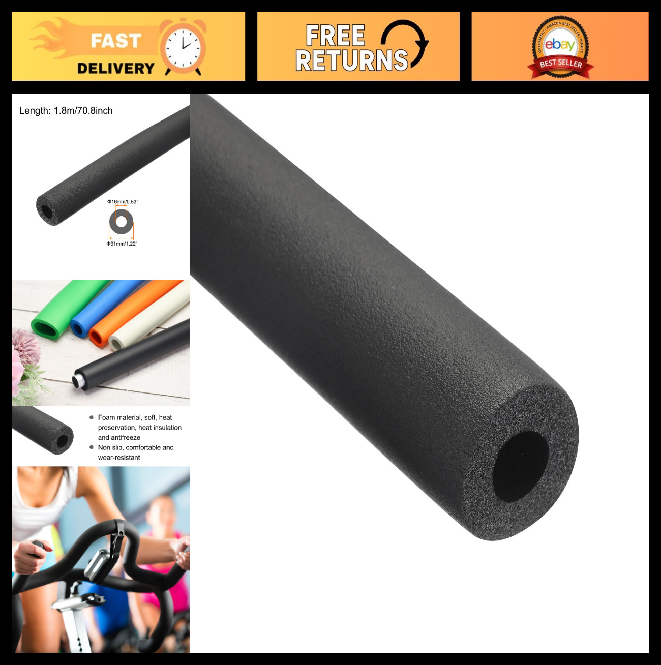 1/2″ ID Foam Pipe Insulation Tubing 3/8″ Thick – Heat Preservation, 6ft Black