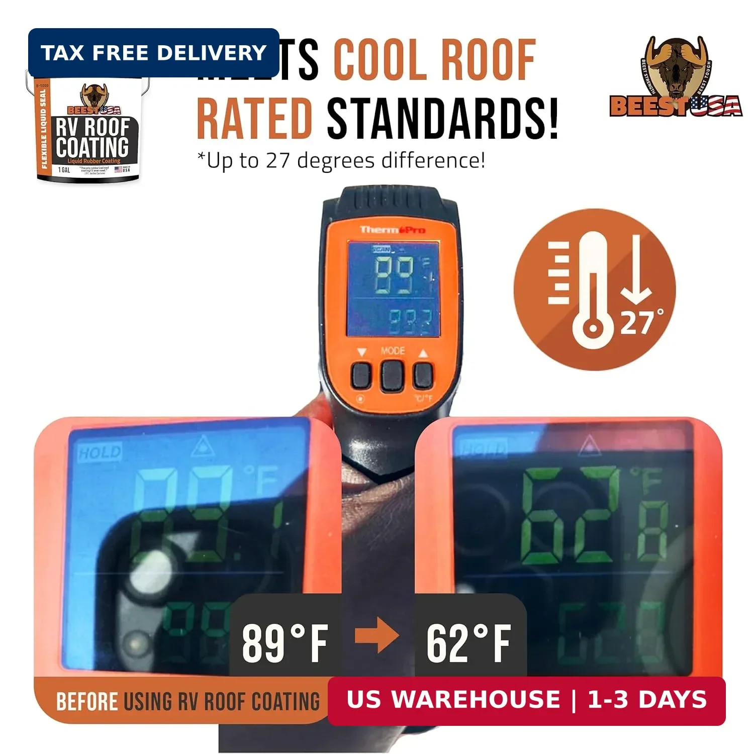 BEEST RV Roof Coating White, 1 Gallon Covers up to 50 sq ft (2 Coats), Solar Ref