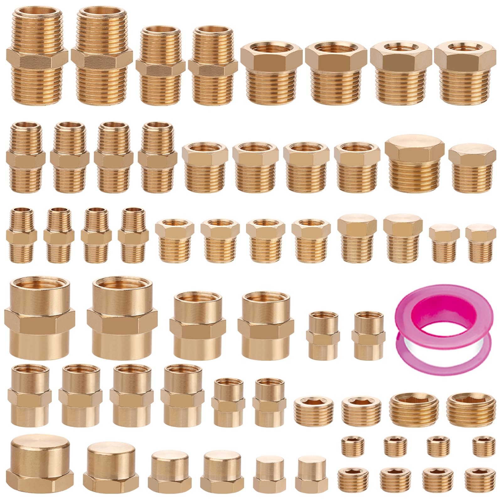 Ailbiuko 60pcs Brass Pipe Fittings Assortment 1/4″, 3/8″, 1/2″, 3/4″