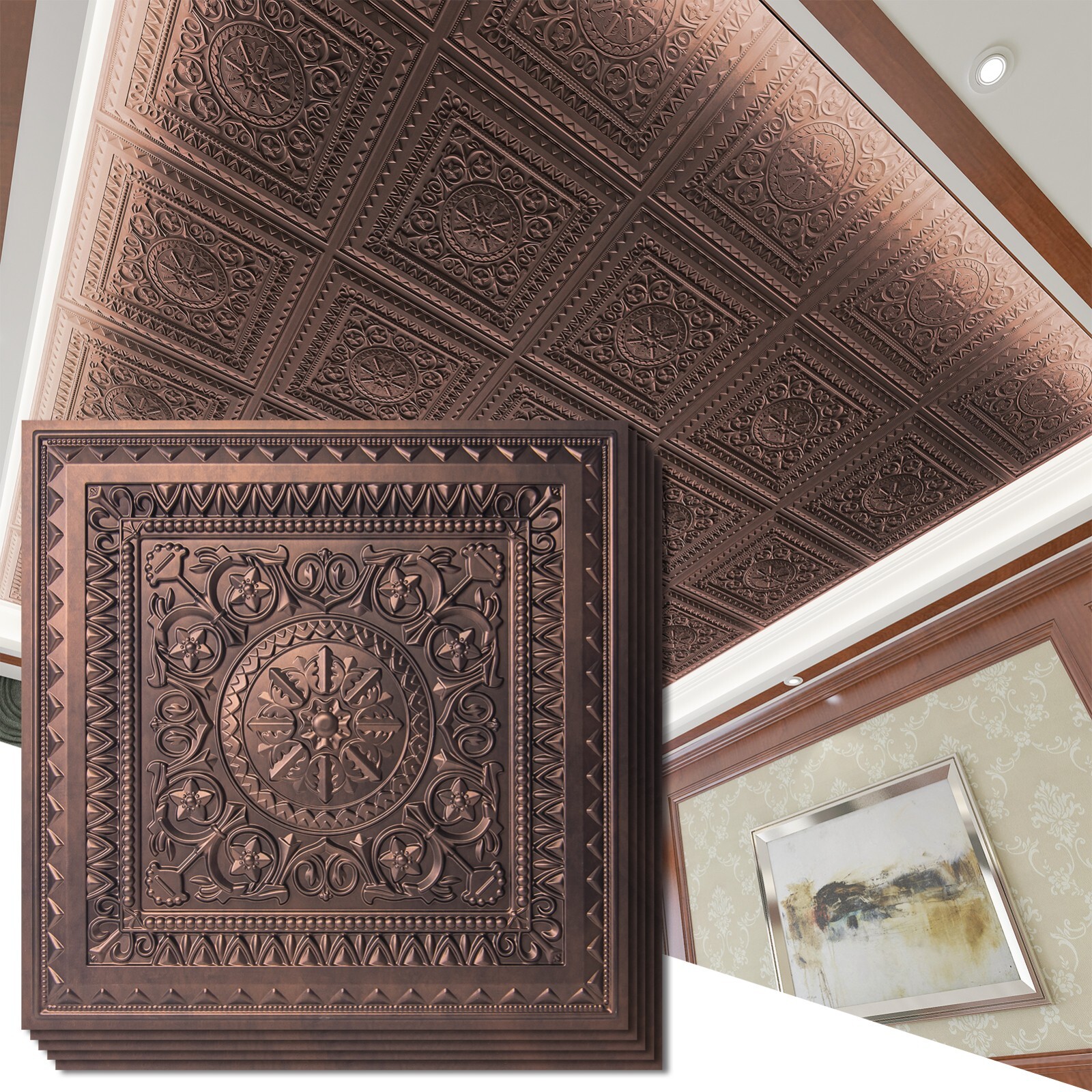 Art3d 2×2 ft. Drop Ceiling Tiles, Glue up Ceiling Tiles in Antique Copper