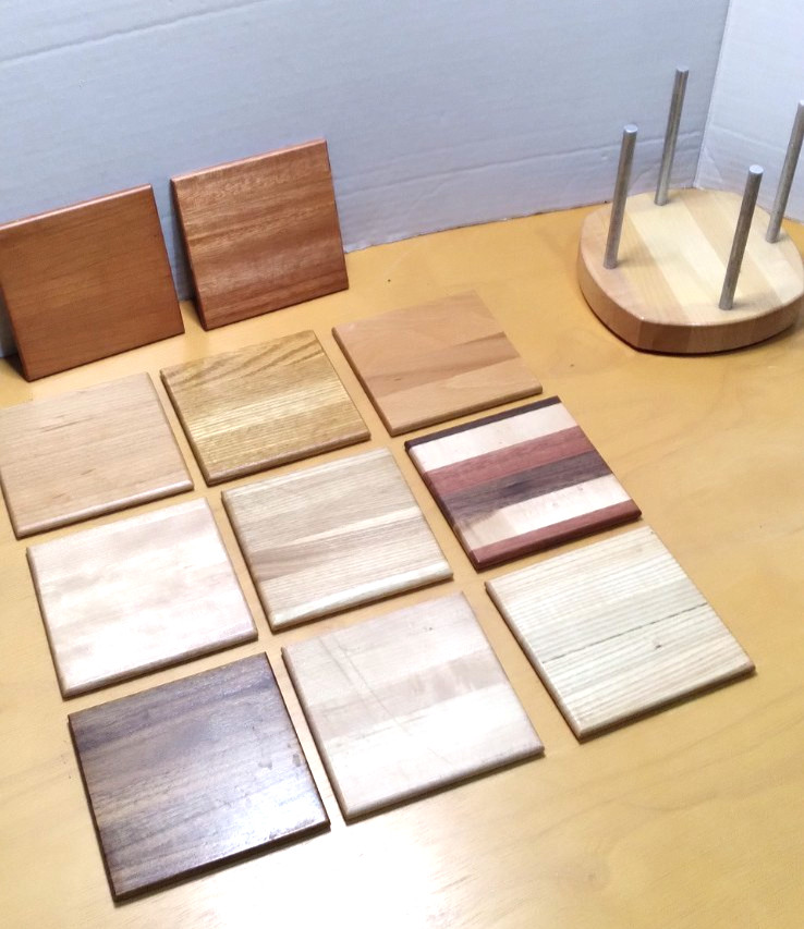 LOT of 11 – Assorted Wood Samples – 4″ x 4″ – Wood Types – Finished w/Rack