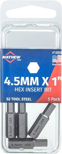Mayhew 18868-5 – 4.5MM x 1″ Metric Hex Insert Bit, 5 Pack – 1EA