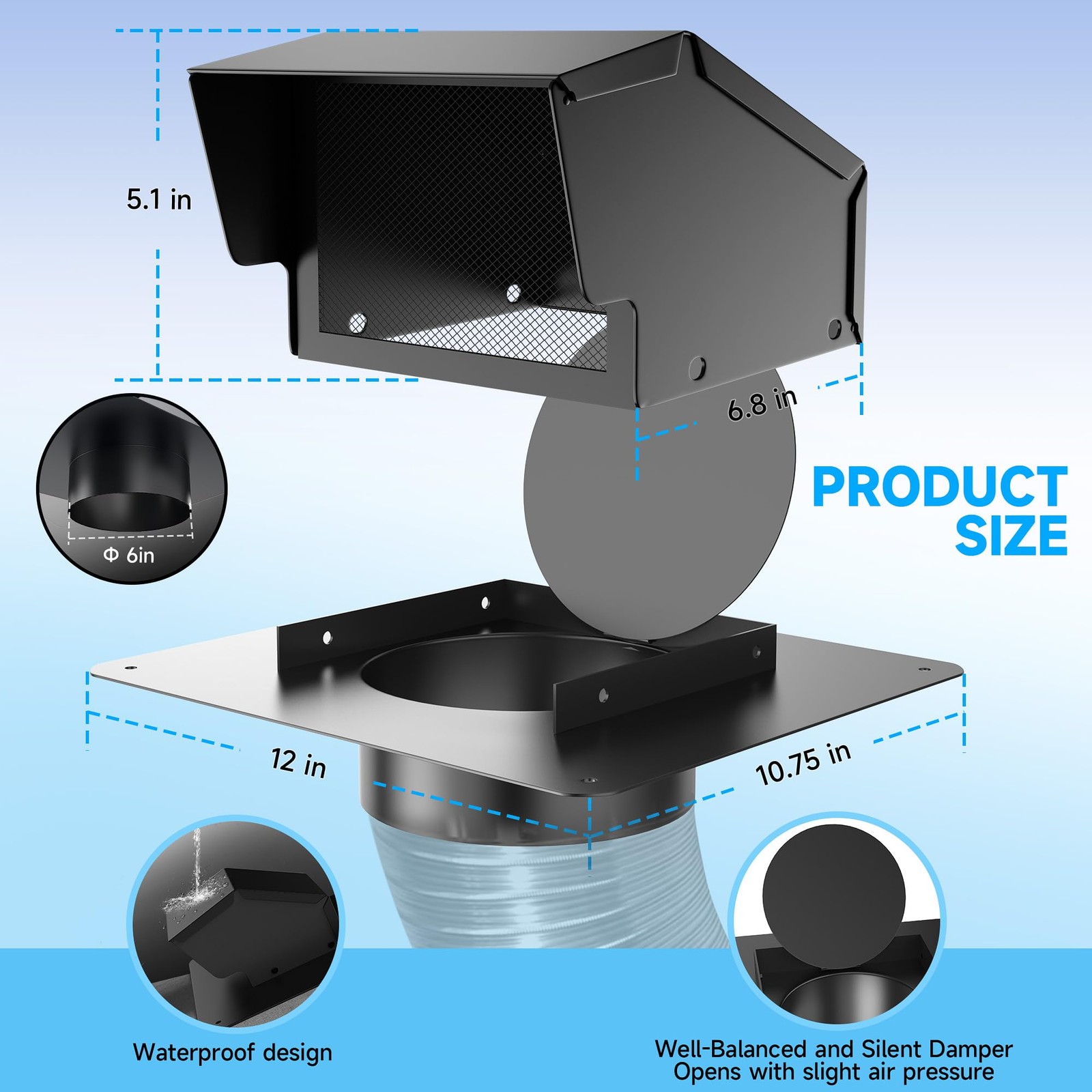 Poowee 6 Inch Roof Vent Cap – Steel Removable Roof Vents Back-Draft Damper