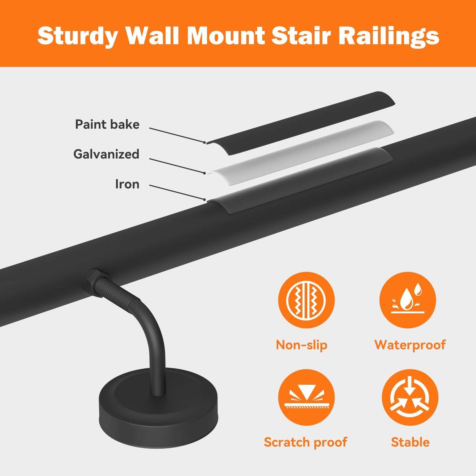 8FT Metal Stair Handrail Indoor Outdoor 440LBS Capacity Railing