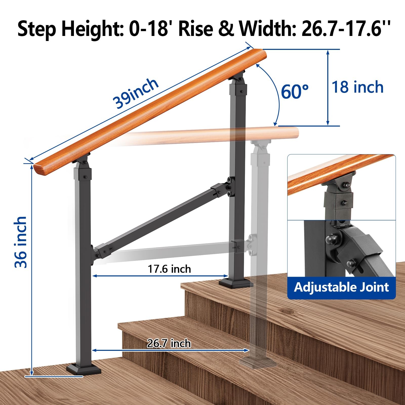 Uokrr Metal Handrail Wood Grain For Elderly 3 Step Hand Rails For Outdoor Steps