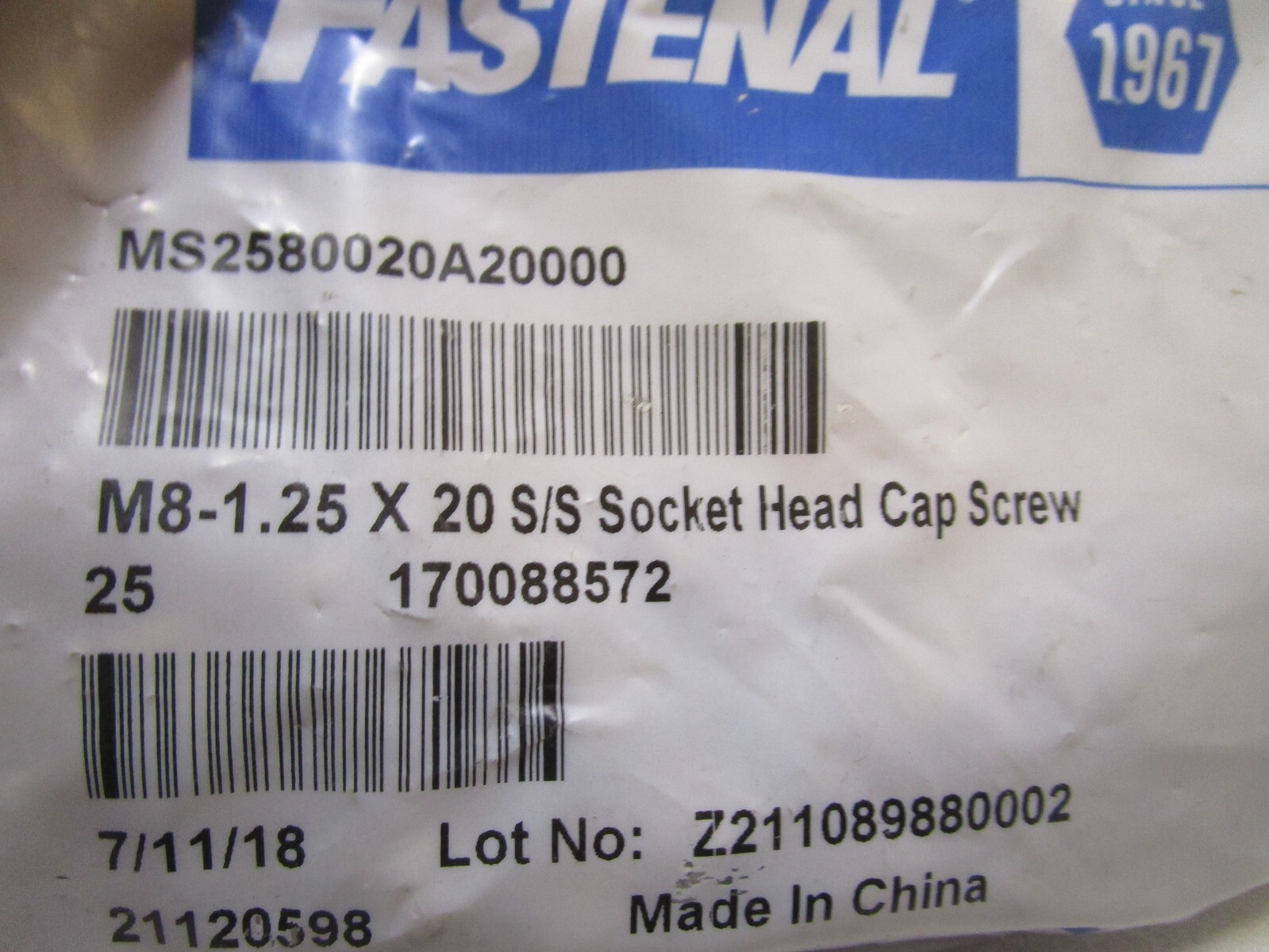 M8-1.25 x 20mm L 6mm Hex A2-70 Stainless Steel Socket Head Cap Screw QTY 25