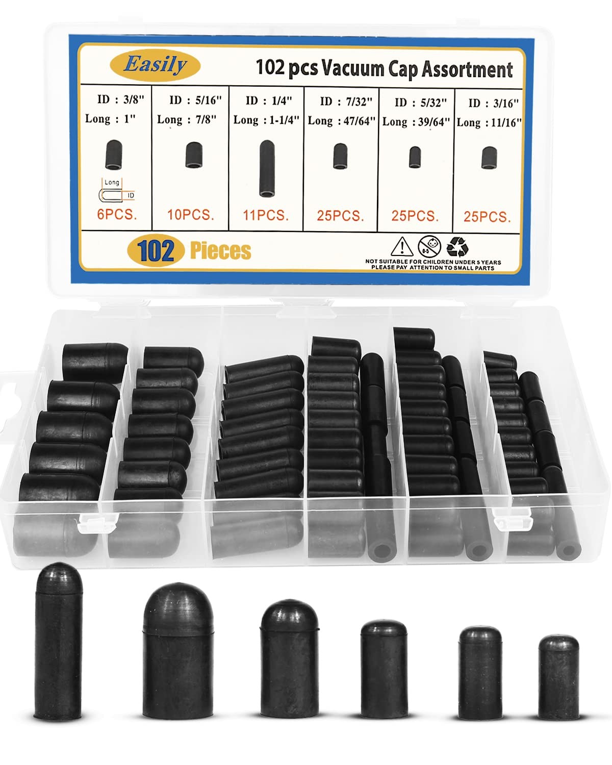 Rubber Vacuum Caps Plug Kit, 102 PCS Assorted Plugs Hose End Black