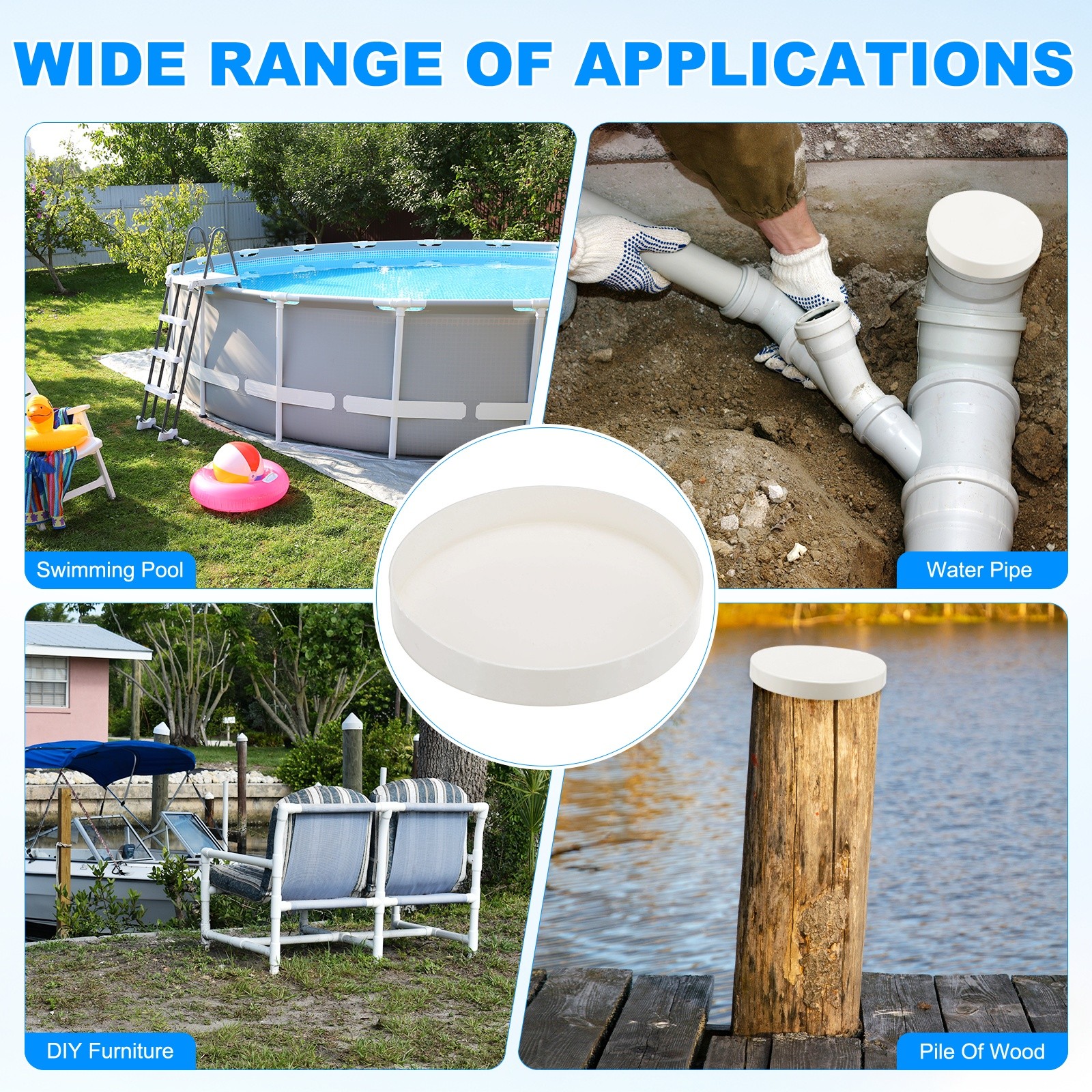 10-Pack PVC Pipe End Cap Plug, 4.5 Inch PVC Plug Coupling Pipe Fitting Socket